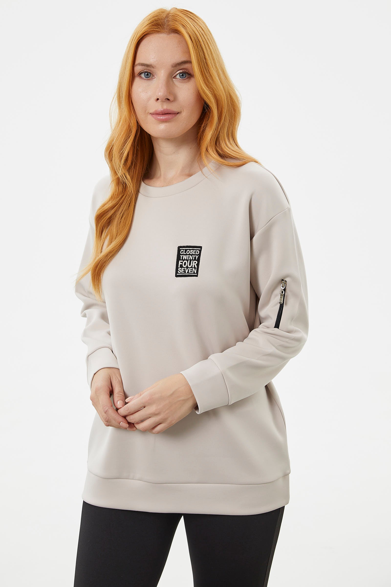 Fermuarlı Rahat Kalıp Sweatshirt - Bej (1) Sementa