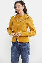 Fermuarlı Taş Detaylı Yünlü Triko Ceket - Güneş (3) Sementa
