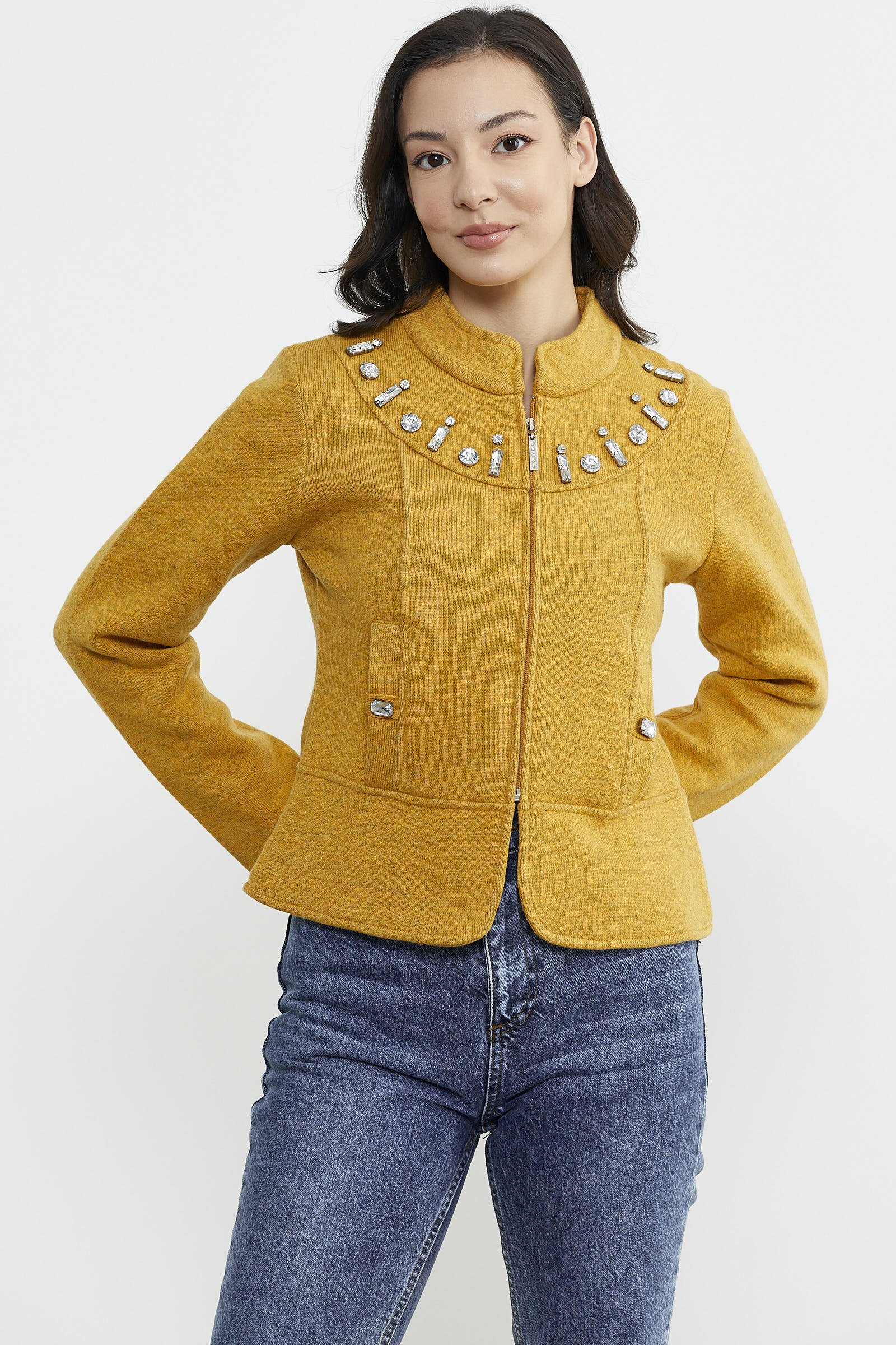 Fermuarlı Taş Detaylı Yünlü Triko Ceket - Güneş (4) Sementa