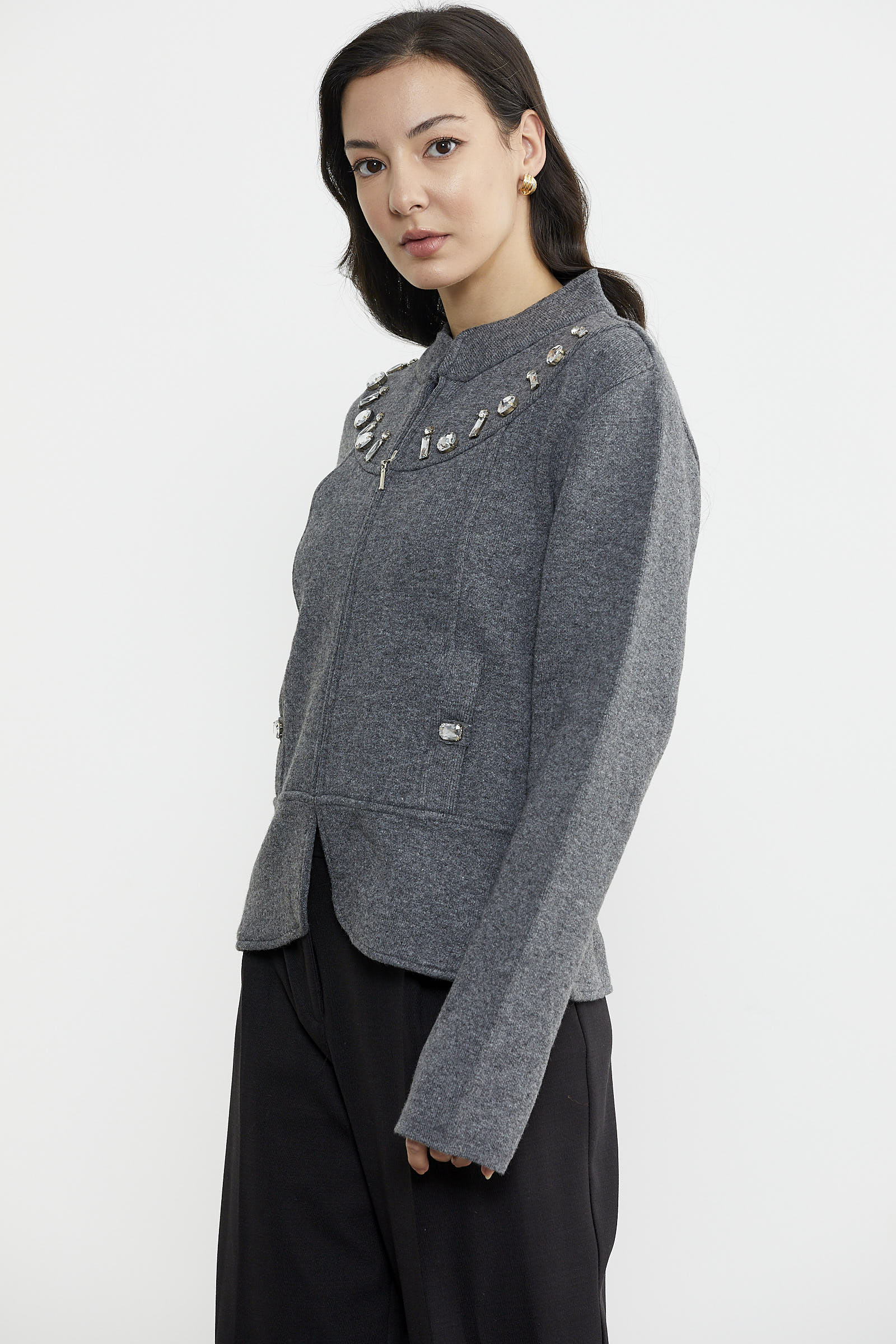 Fermuarlı Taş Detaylı Yünlü Triko Ceket - Koyu Gri (3) Sementa