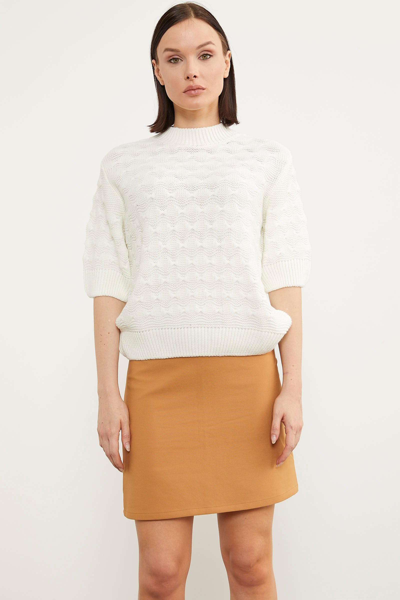 Fiyonk Desenli Kısa Kol Triko Süveter - Beyaz (1) Sementa