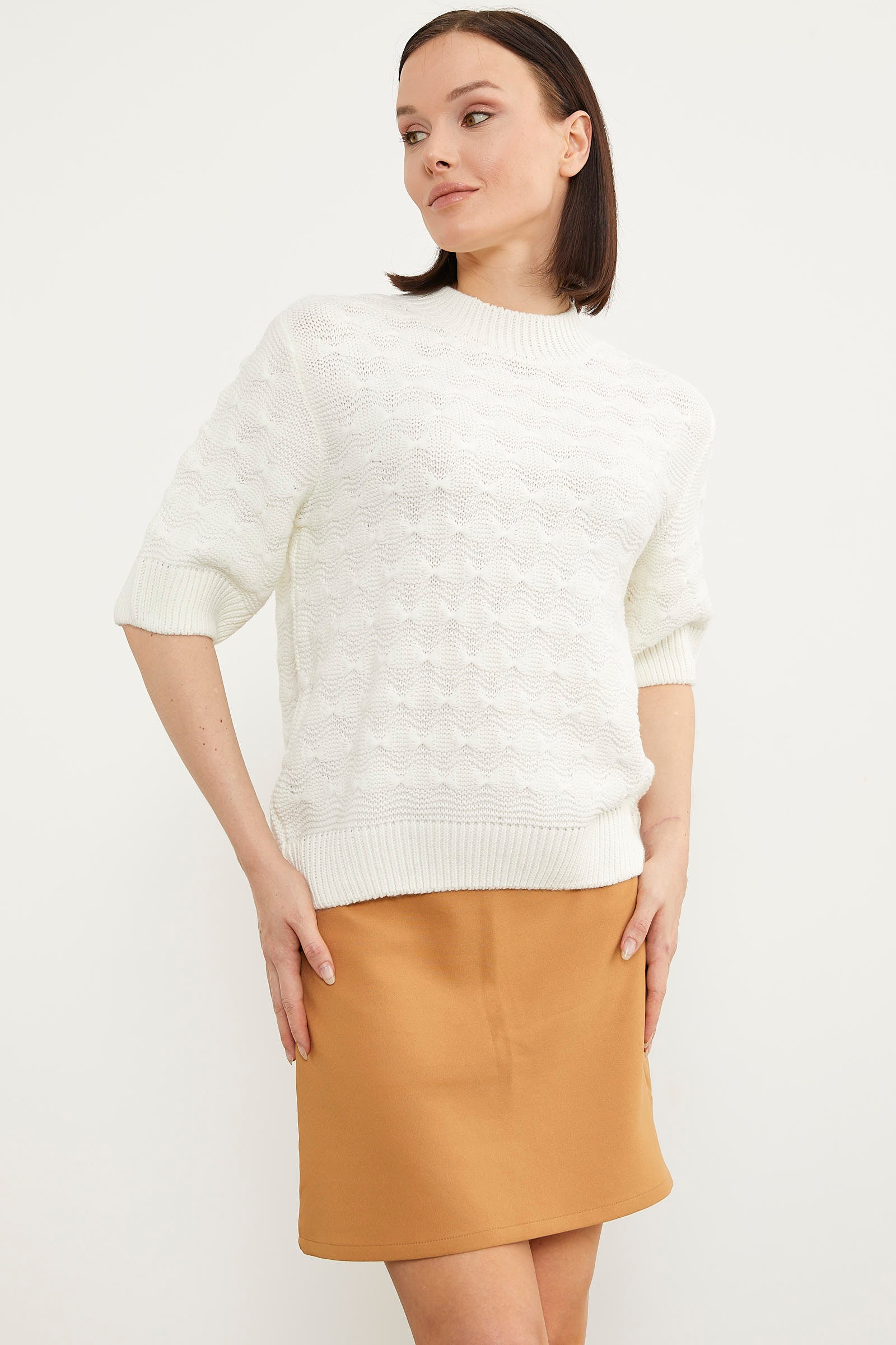 Fiyonk Desenli Kısa Kol Triko Süveter - Beyaz (2) Sementa