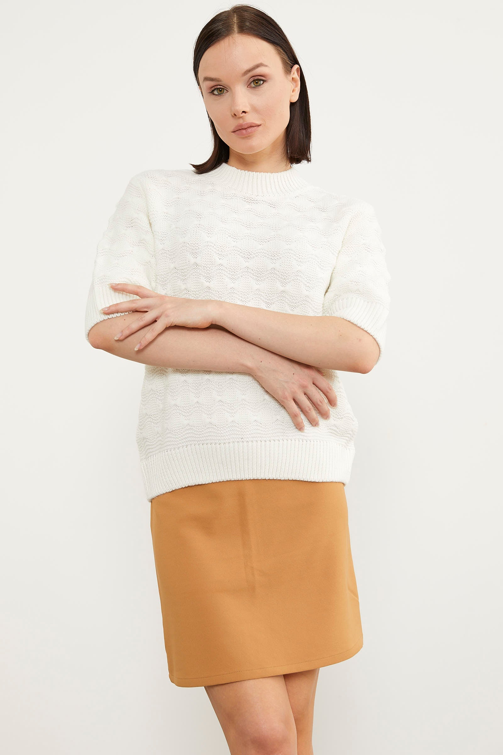 Fiyonk Desenli Kısa Kol Triko Süveter - Beyaz (3) Sementa