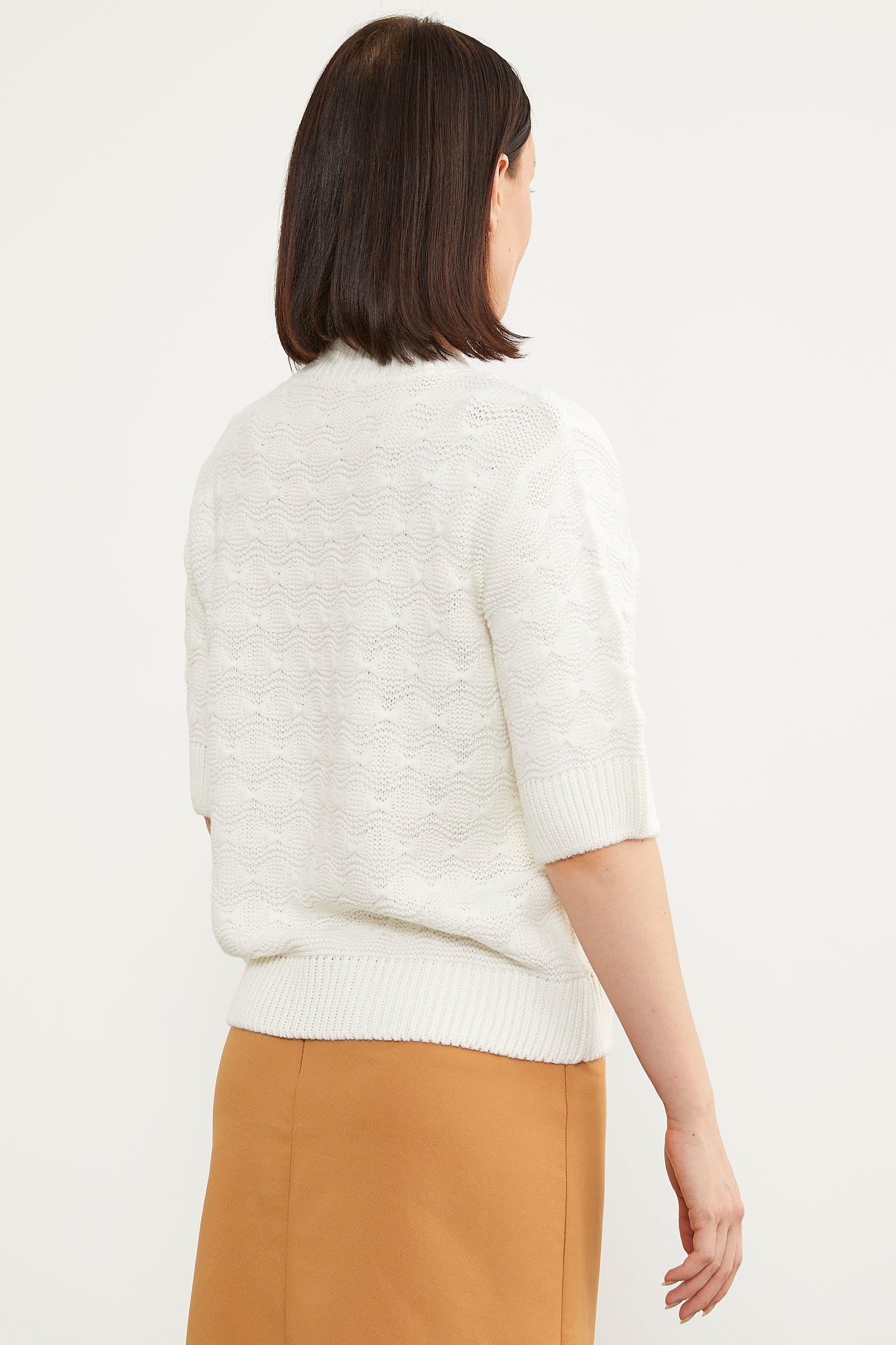 Fiyonk Desenli Kısa Kol Triko Süveter - Beyaz (4) Sementa