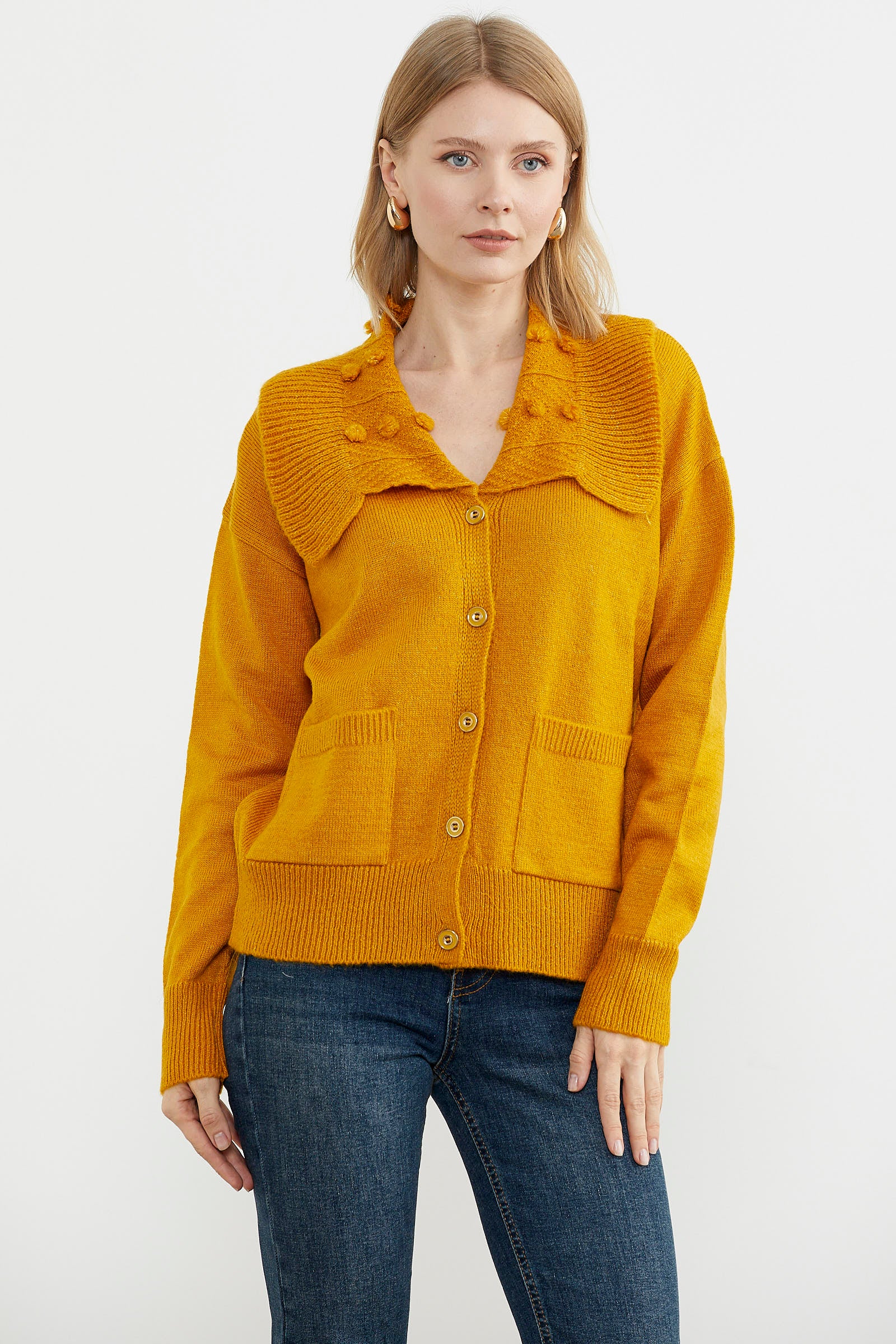 Geniş Yakalı Cepli Triko Hırka - Kayısı (3) Sementa