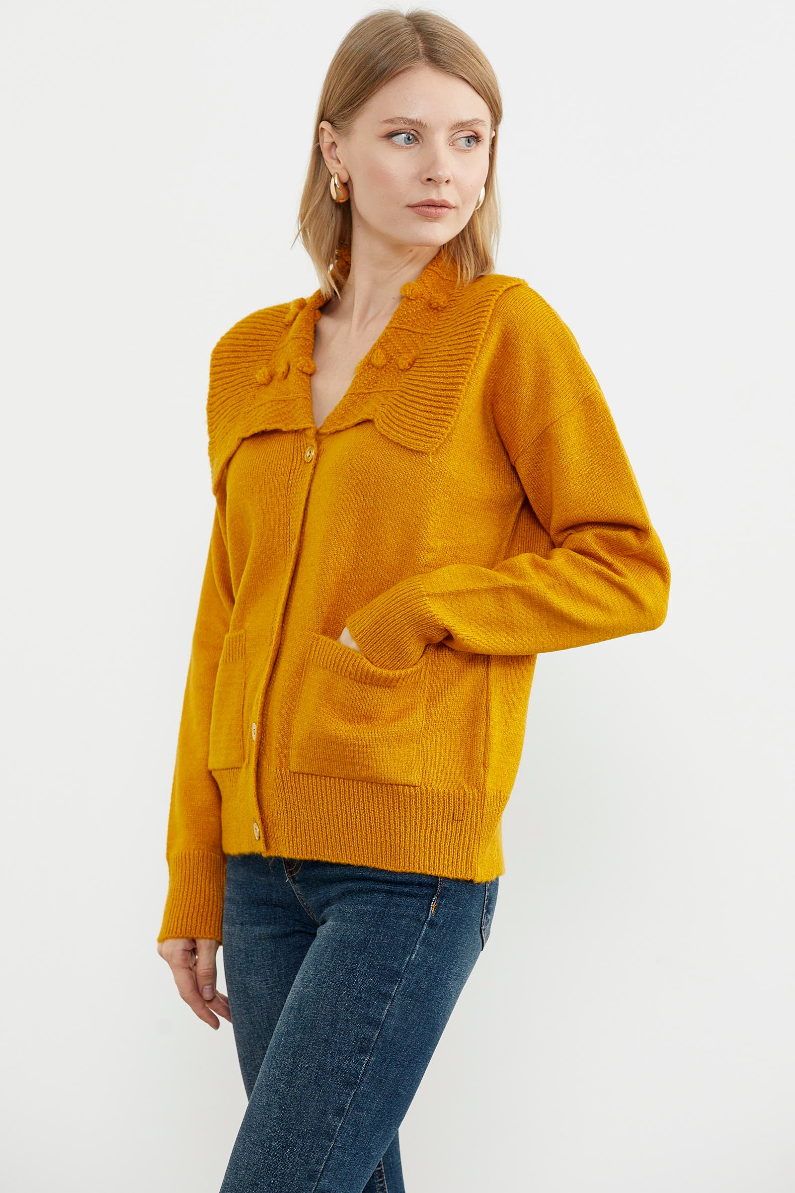 Geniş Yakalı Cepli Triko Hırka - Kayısı (4) Sementa