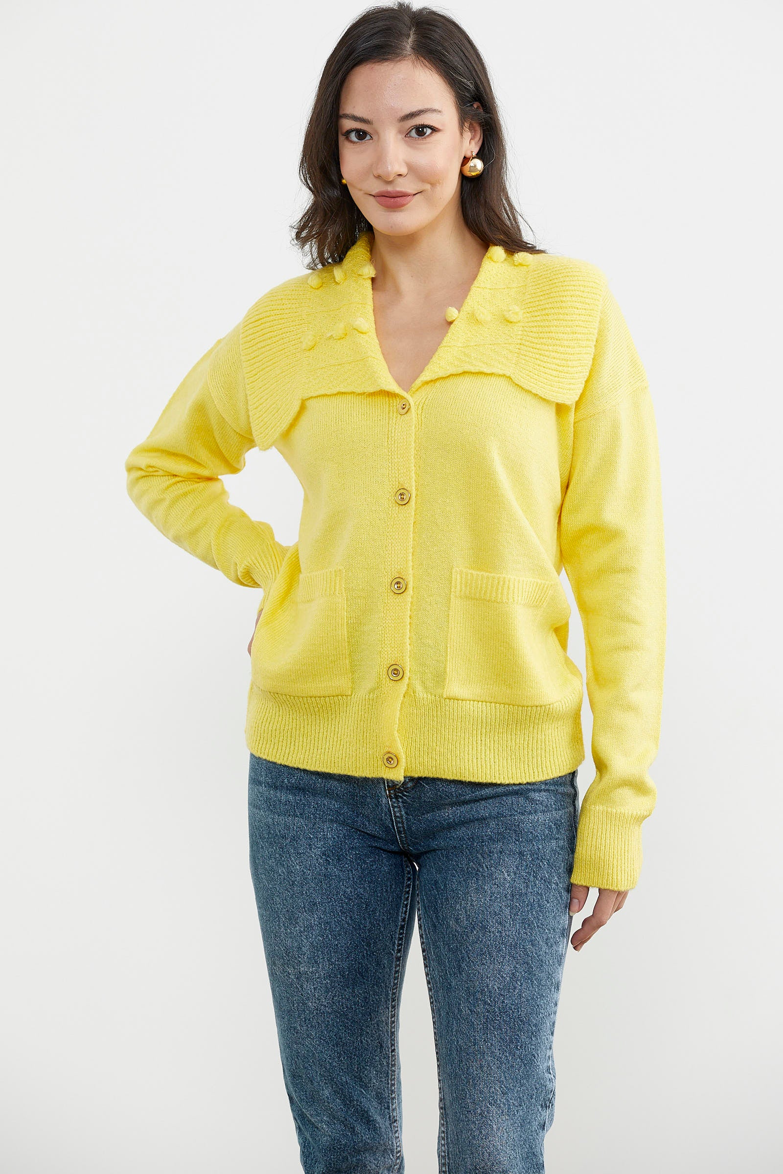 Geniş Yakalı Cepli Triko Hırka - Sarı (2) Sementa