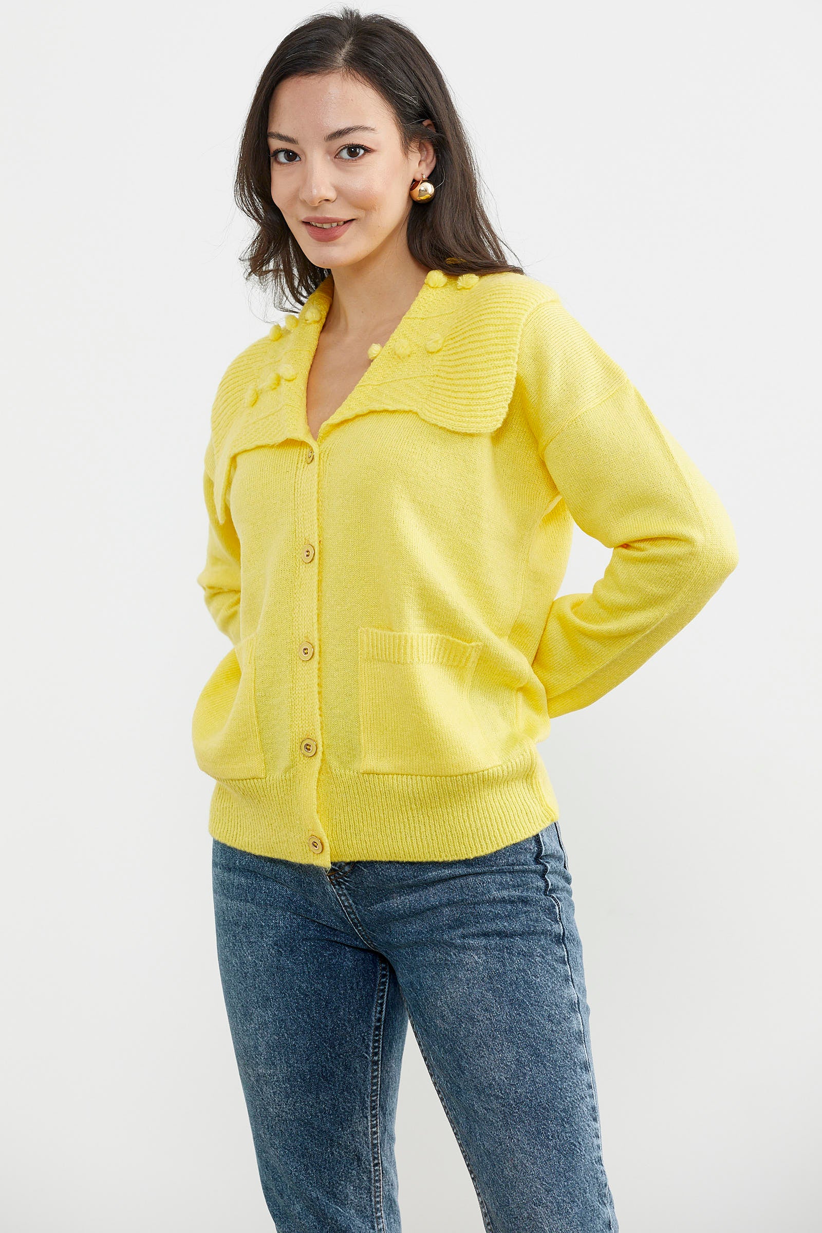 Geniş Yakalı Cepli Triko Hırka - Sarı (3) Sementa