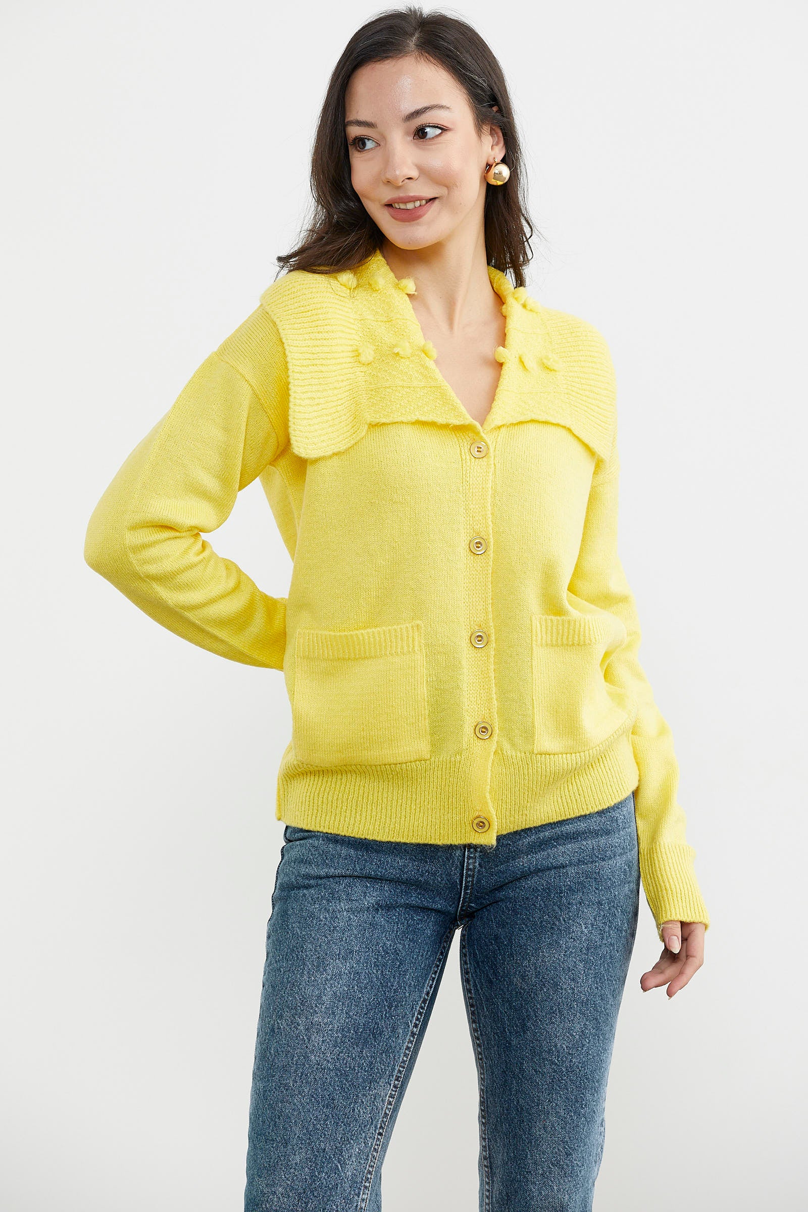 Geniş Yakalı Cepli Triko Hırka - Sarı (4) Sementa