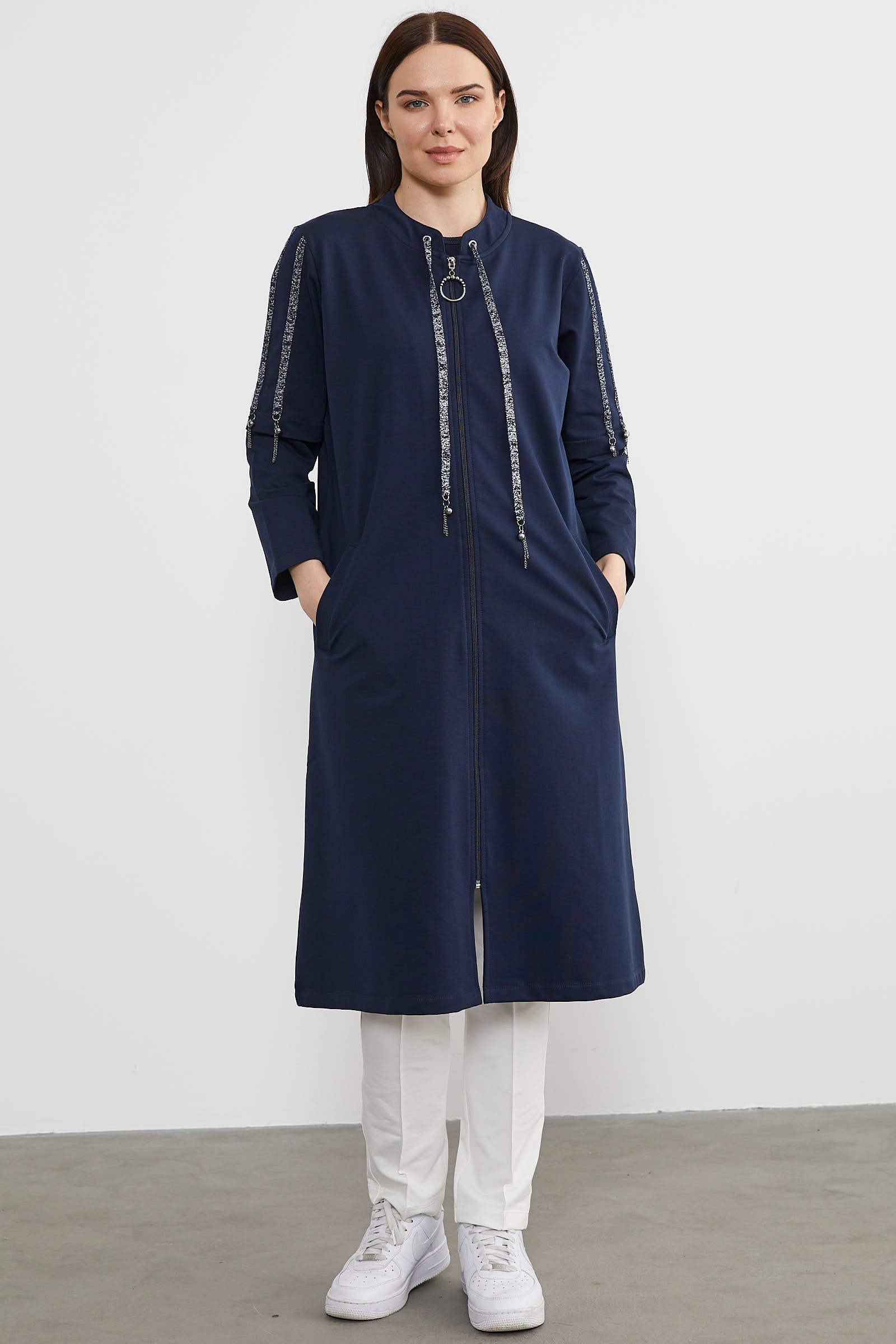 Hakim Yaka Fermuarlı Rahat Kalıp Kap - Lacivert (1) Sementa