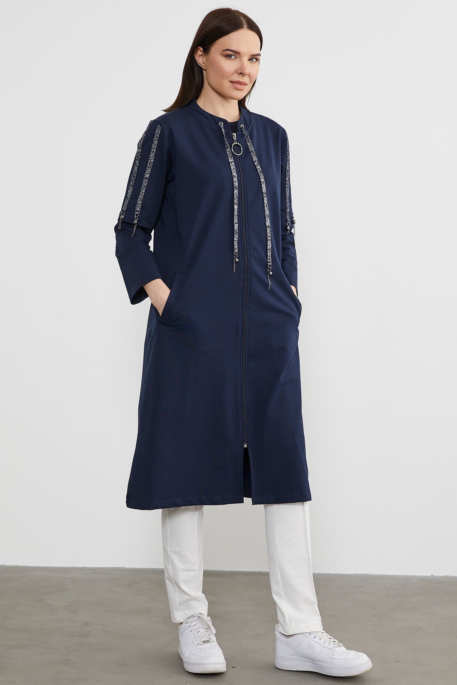 Hakim Yaka Fermuarlı Rahat Kalıp Kap - Lacivert (2) Sementa