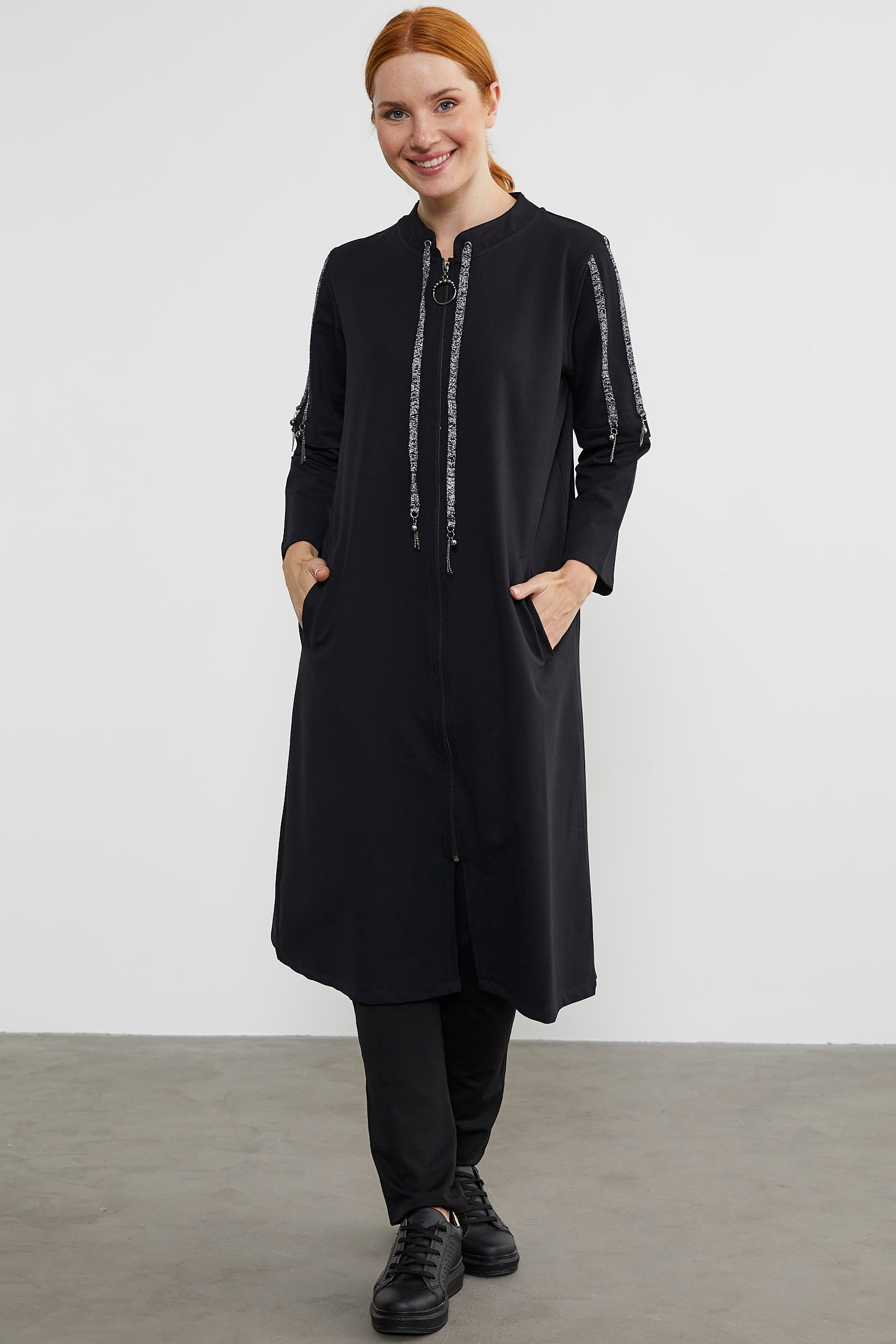 Hakim Yaka Fermuarlı Rahat Kalıp Kap - Siyah (4) Sementa