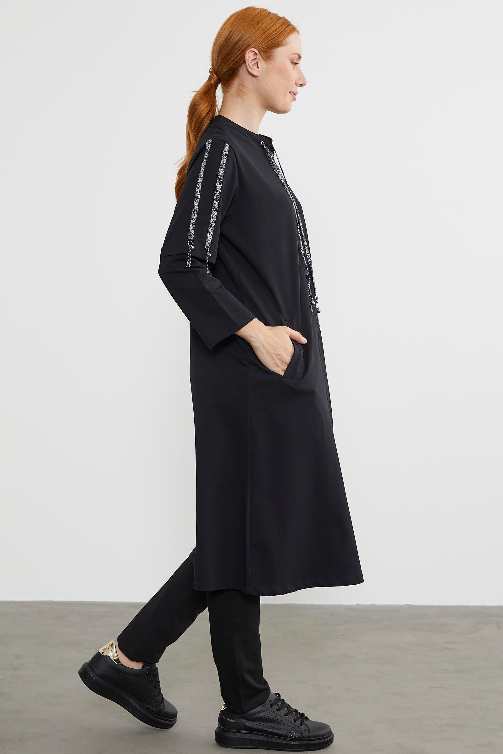 Hakim Yaka Fermuarlı Rahat Kalıp Kap - Siyah (5) Sementa