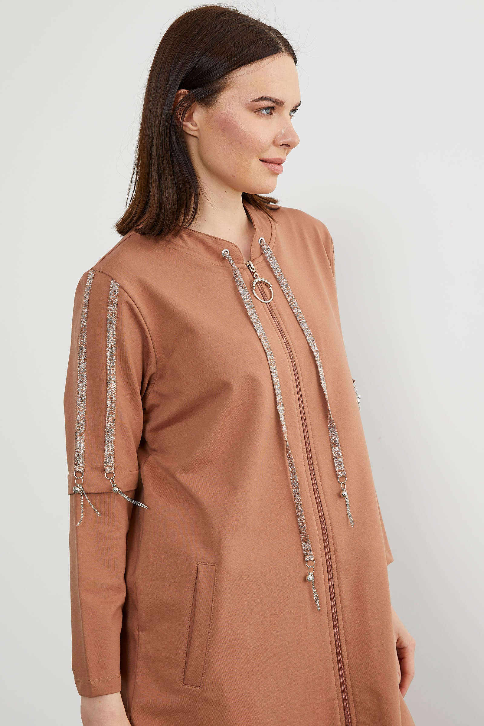 Hakim Yaka Fermuarlı Rahat Kalıp Kap - Sütlü Kahve (4) Sementa