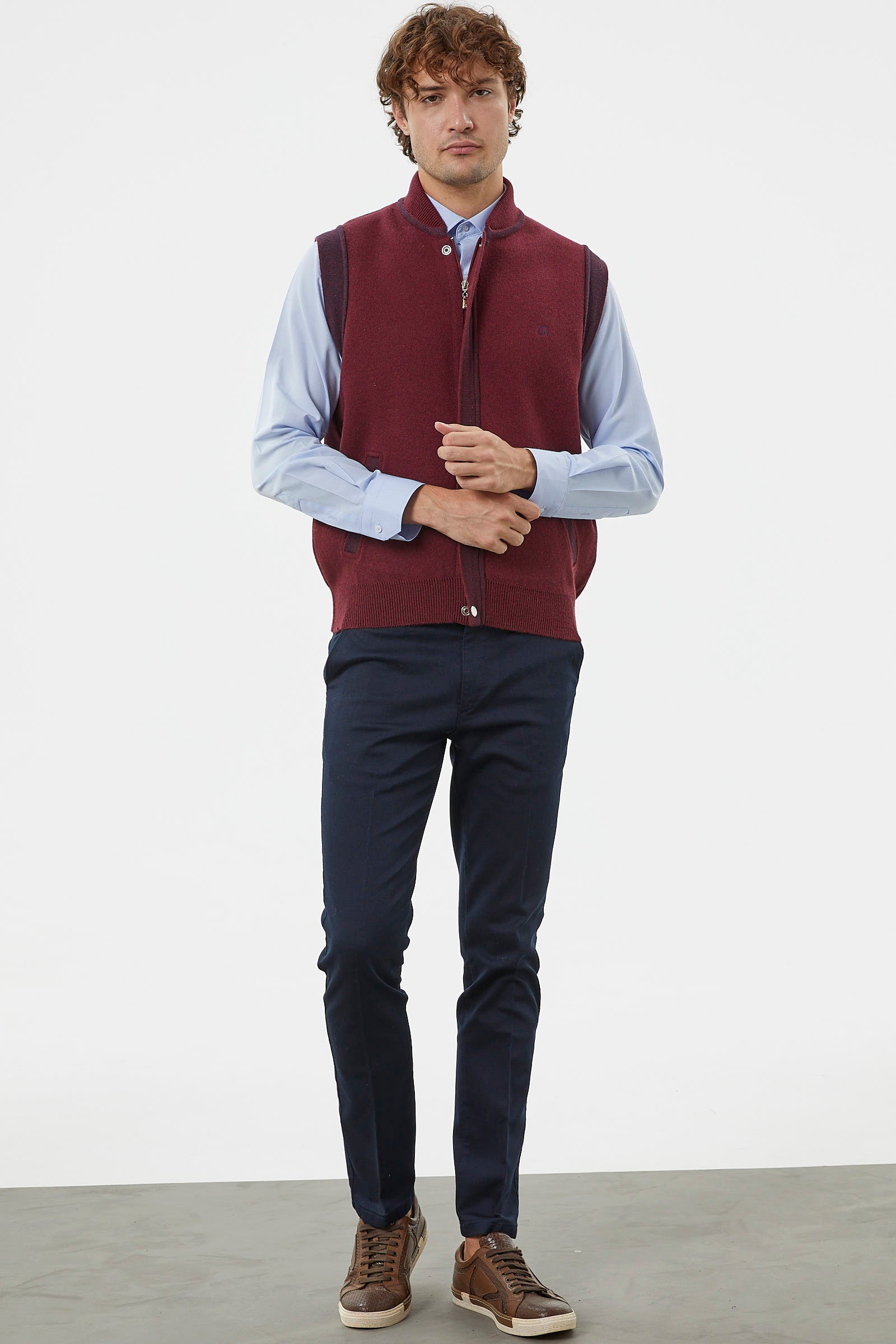 Hakim Yaka Fermuarlı Triko Yelek - Bordo - Lacivert (3) Sementa