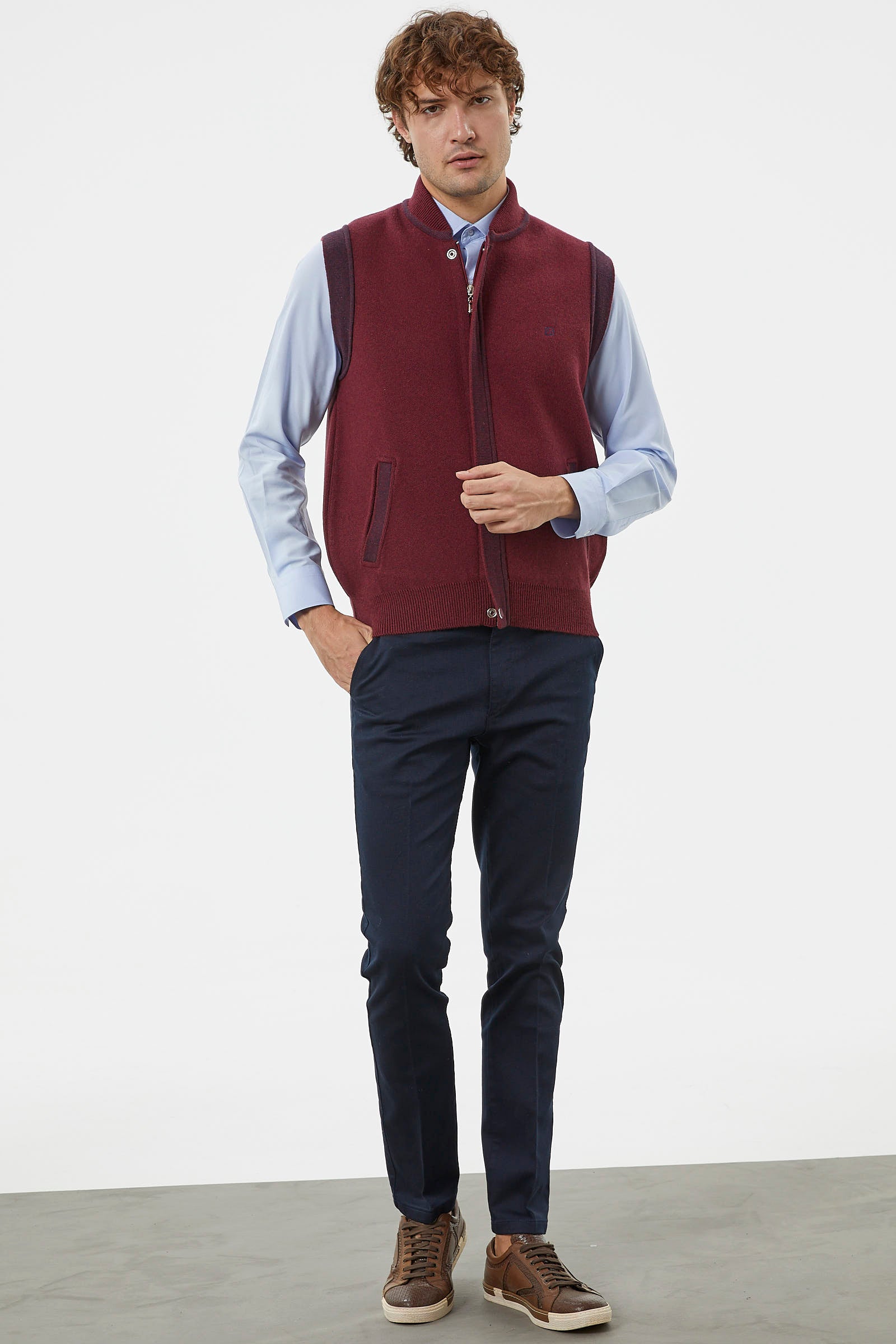 Hakim Yaka Fermuarlı Triko Yelek - Bordo - Lacivert (4) Sementa