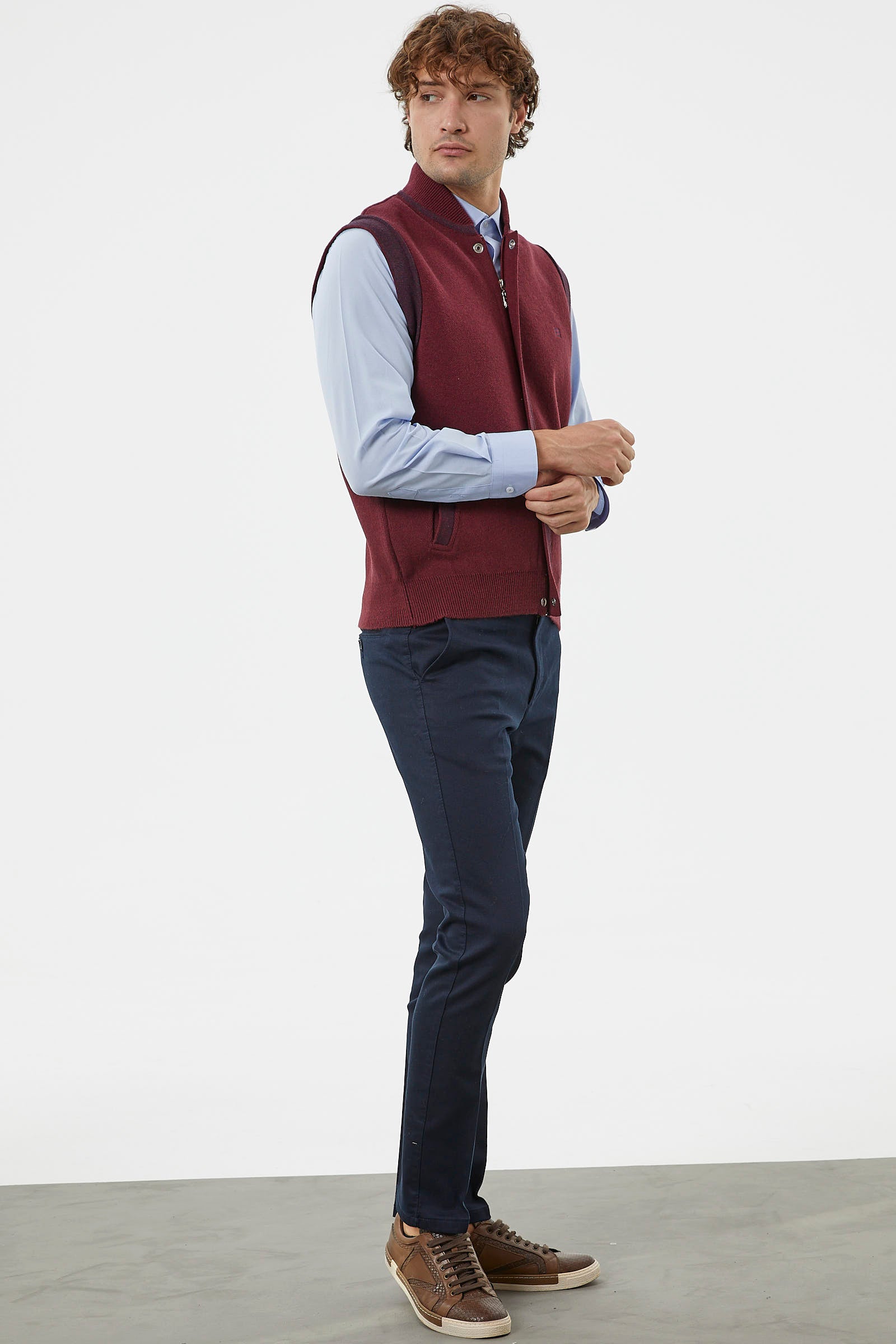 Hakim Yaka Fermuarlı Triko Yelek - Bordo - Lacivert (5) Sementa