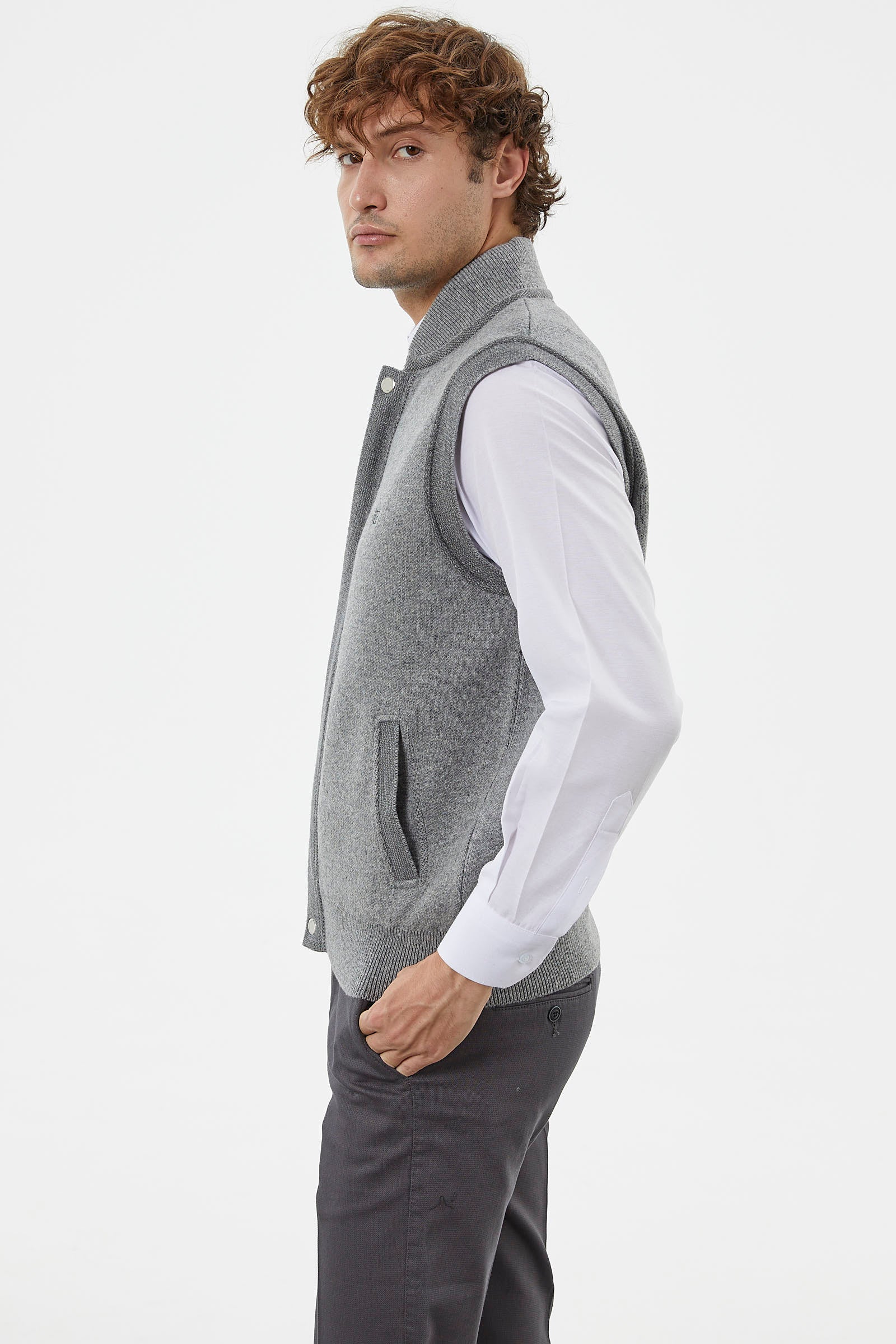 Hakim Yaka Fermuarlı Triko Yelek - Gri - Koyu Gri (7) Sementa