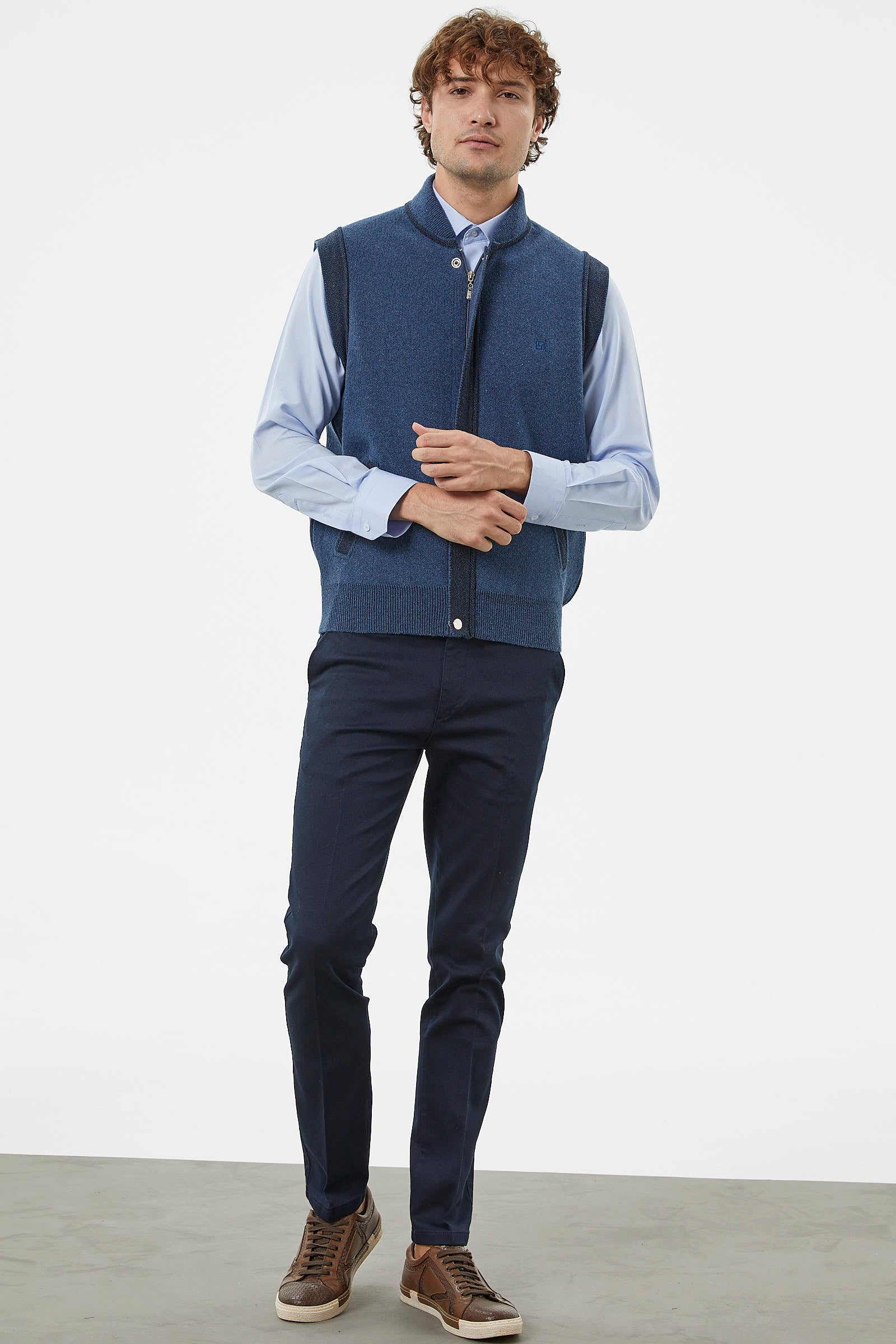 Hakim Yaka Fermuarlı Triko Yelek - Indigo - Siyah (3) Sementa