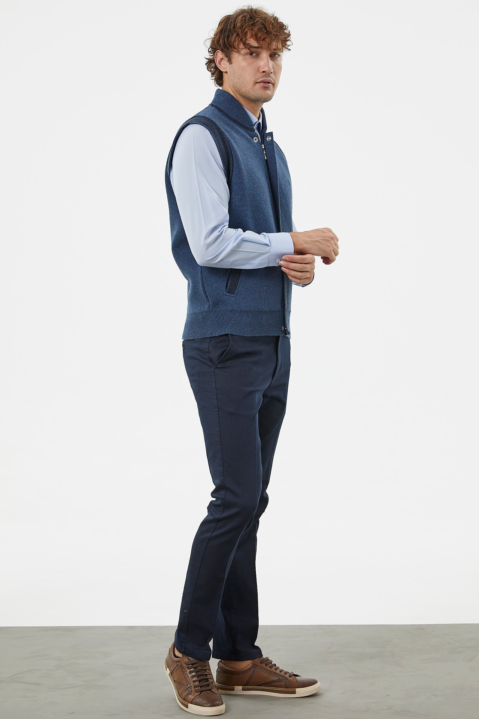 Hakim Yaka Fermuarlı Triko Yelek - Indigo - Siyah (6) Sementa