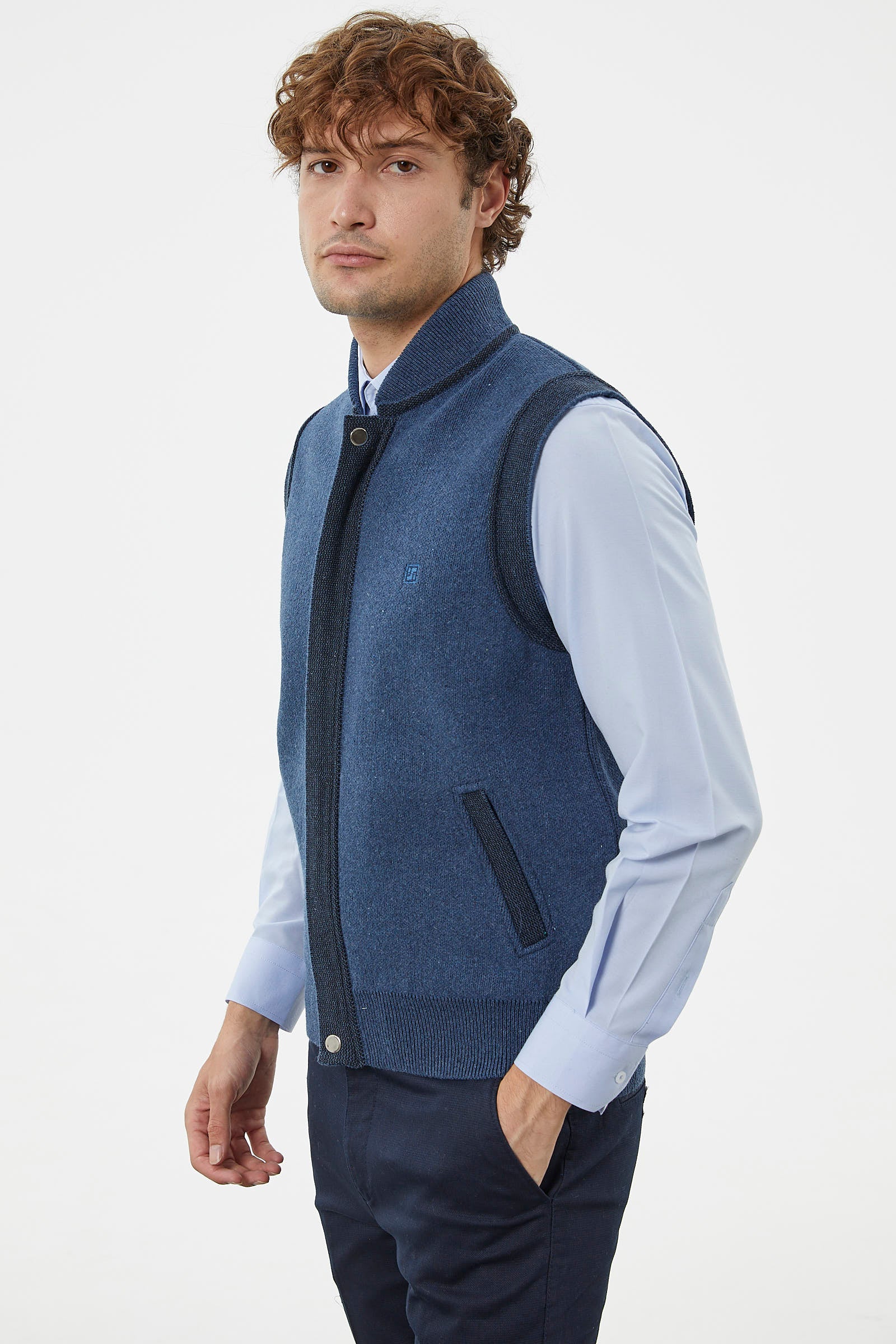 Hakim Yaka Fermuarlı Triko Yelek - Indigo - Siyah (5) Sementa