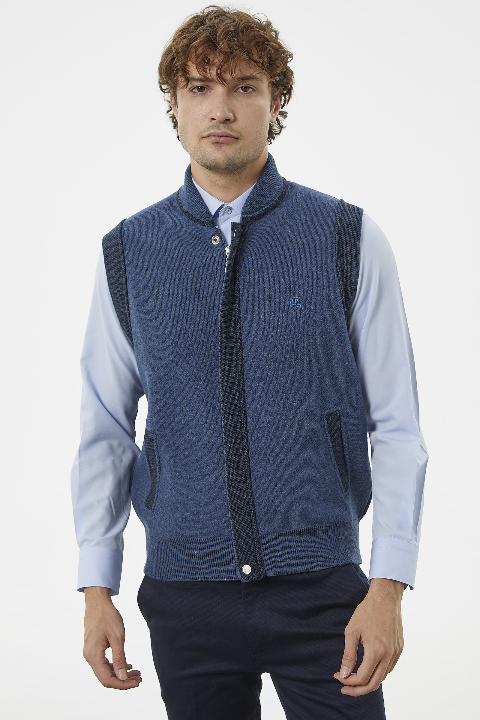 Hakim Yaka Fermuarlı Triko Yelek - Indigo - Siyah (2) Sementa