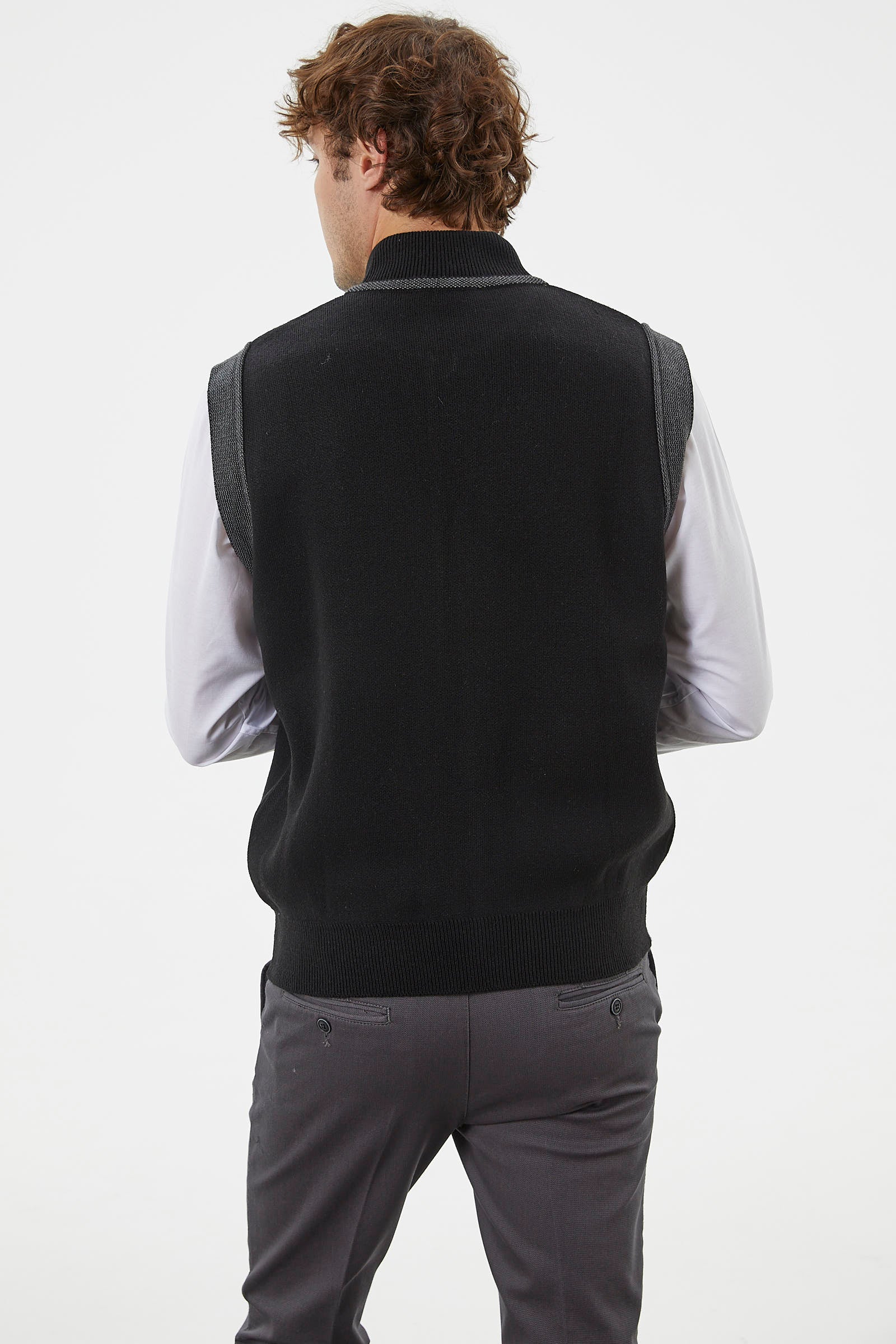 Hakim Yaka Fermuarlı Triko Yelek - Siyah - Koyu Gri (7) Sementa