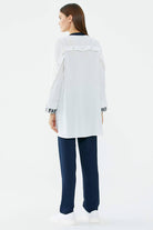 Hakim Yaka Sim Detaylı Geniş Kalıp Krep Takım - Ekru - Lacivert (5) Sementa