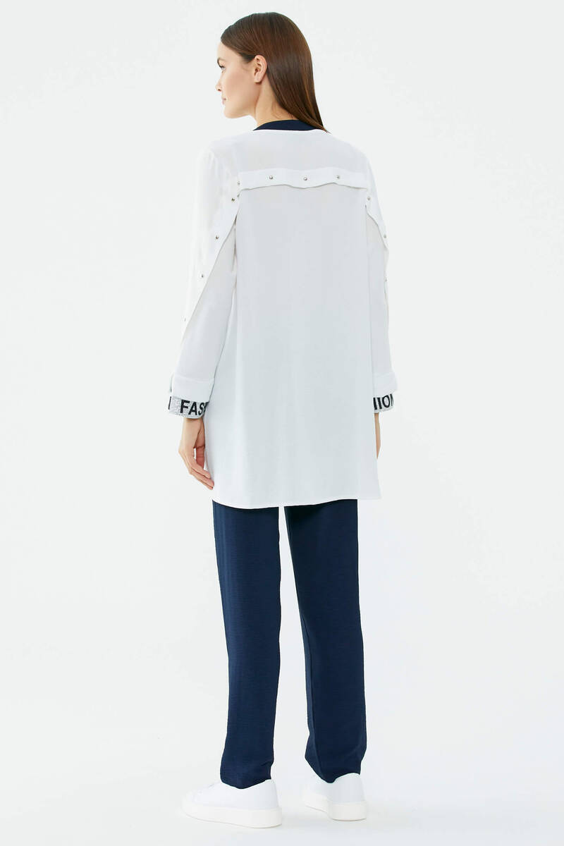 Hakim Yaka Sim Detaylı Geniş Kalıp Krep Takım - Ekru - Lacivert (5) Sementa