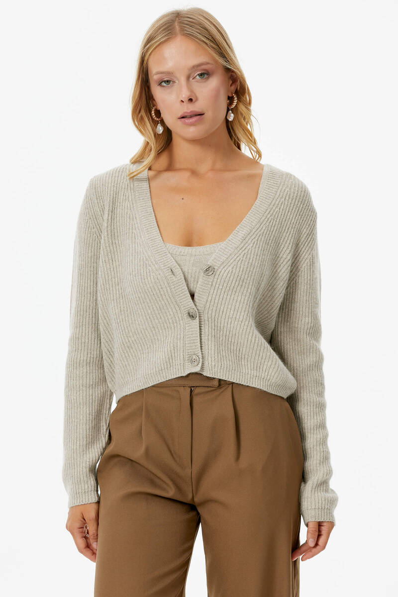 トップス hholic lib stretch cardigan 2pieces set Knitted Cardigan Crop Two-Piece Set - Camel – SEMENTA