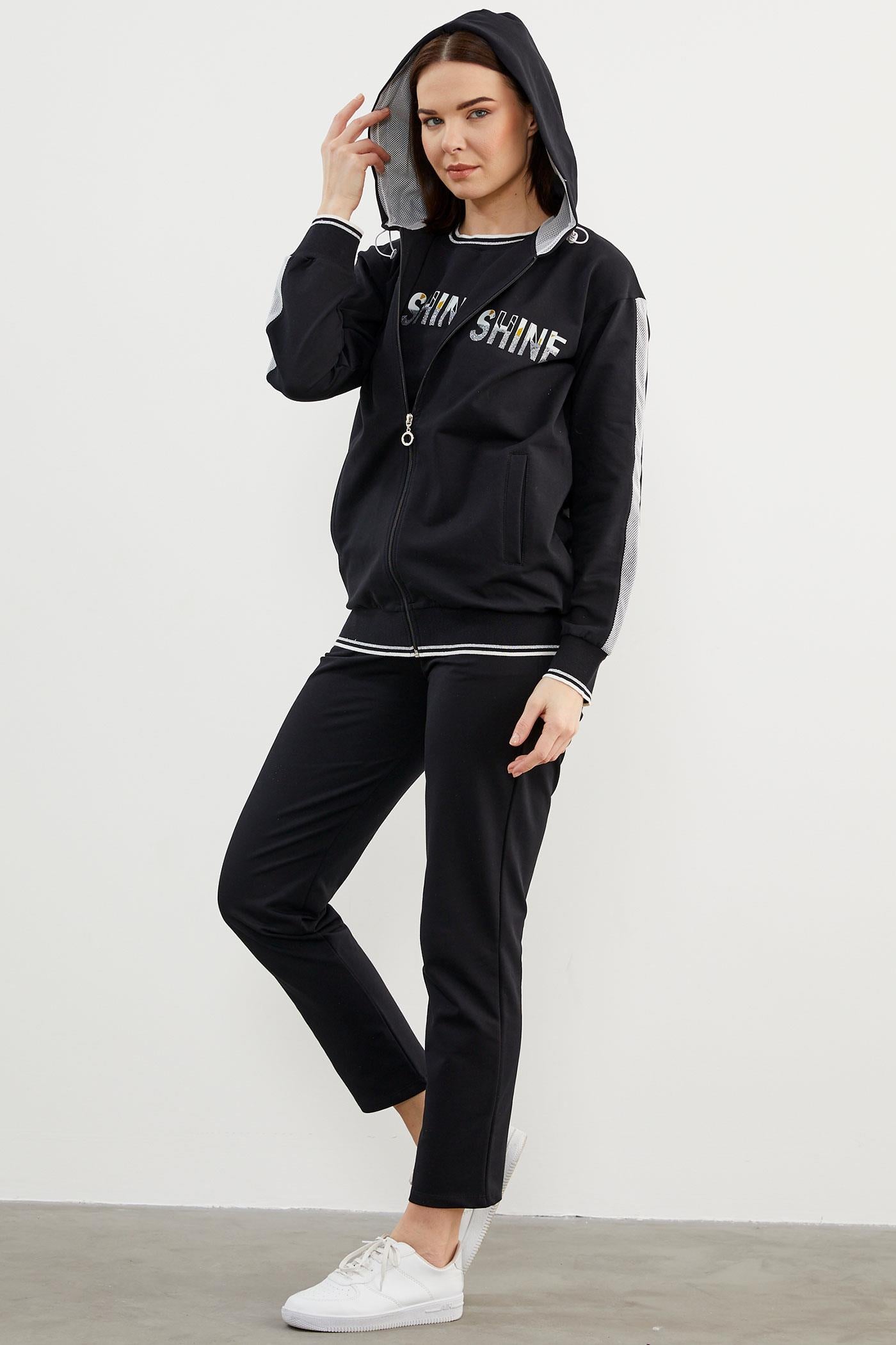 İçi Croplu Üçlü Kapüşonlu Eşofman Takım - Siyah (5) Sementa