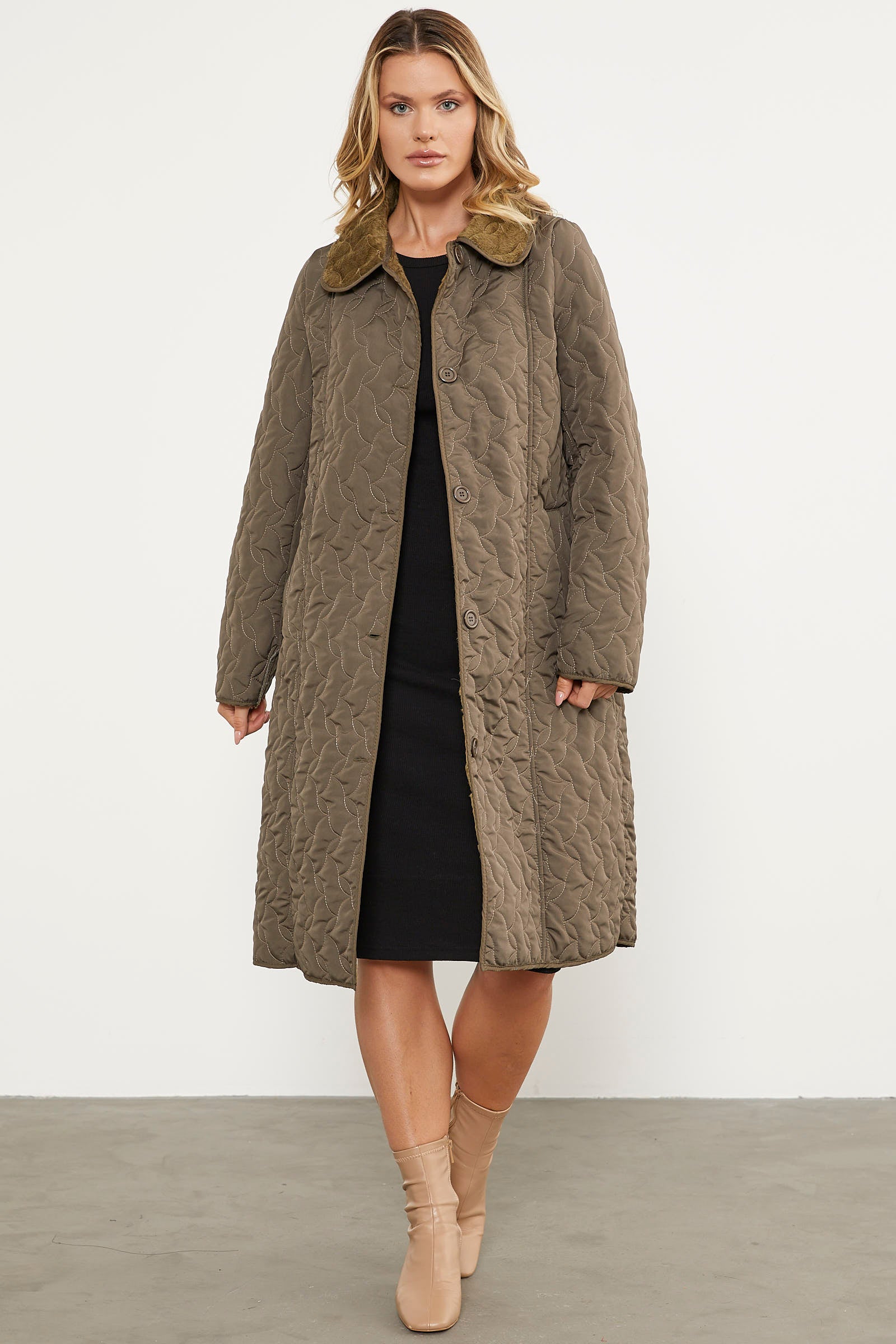 İçi Tamamen Pelüş Kapitone Uzun Kaban - Haki (2) Sementa