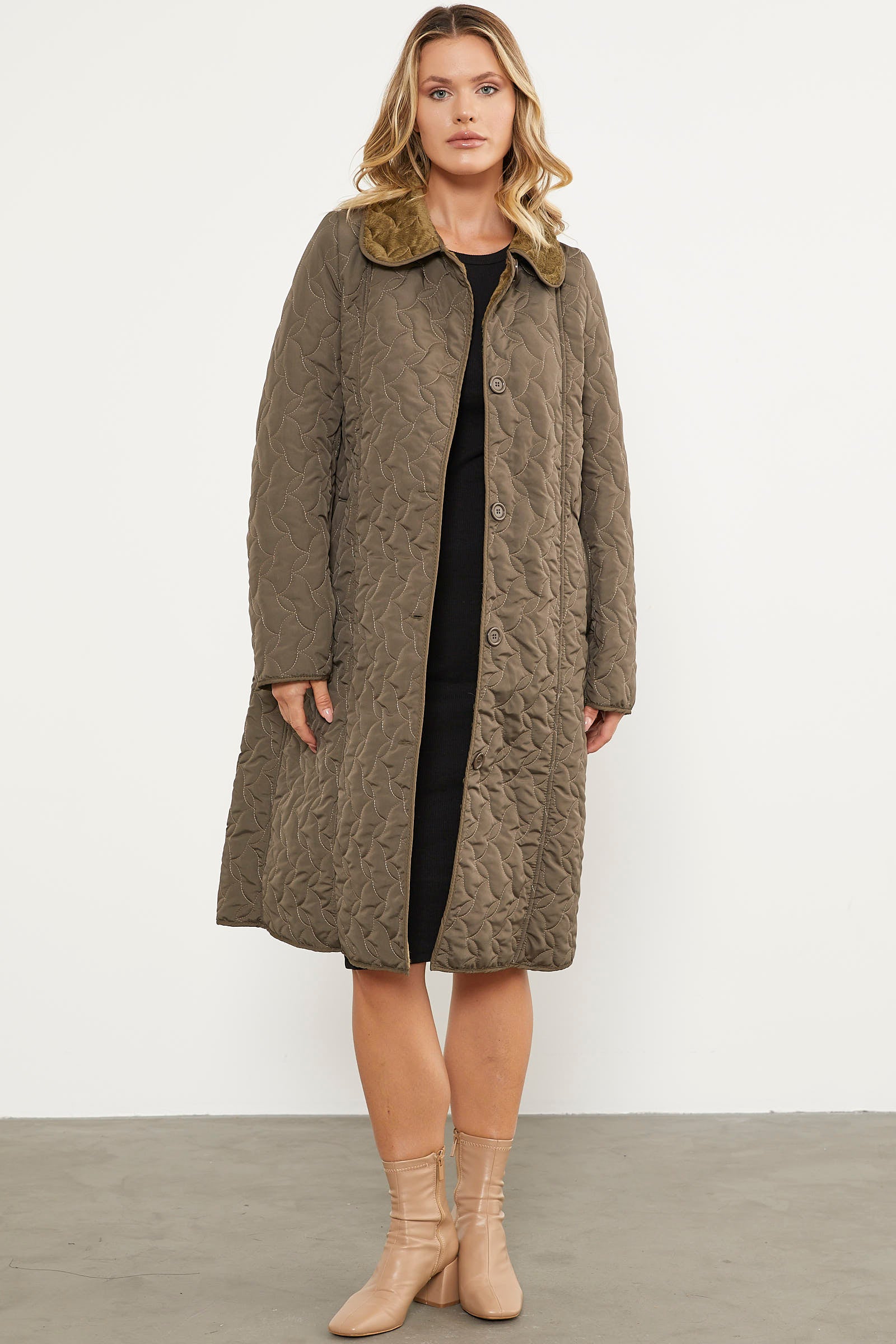 İçi Tamamen Pelüş Kapitone Uzun Kaban - Haki (3) Sementa