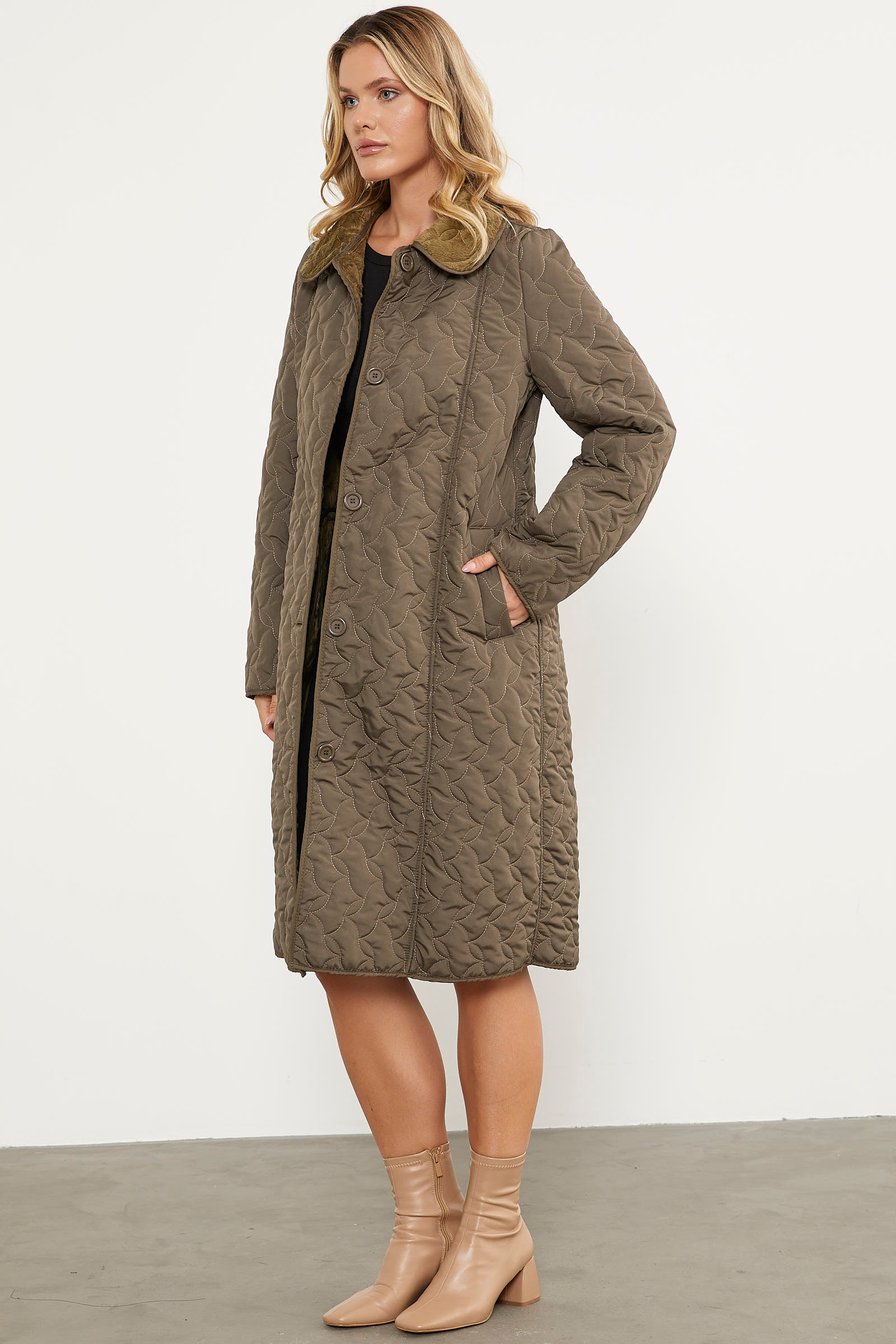 İçi Tamamen Pelüş Kapitone Uzun Kaban - Haki (4) Sementa