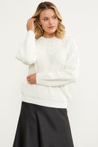 İnci Detaylı Dik Yaka Triko Kazak - Kemik (4) Sementa