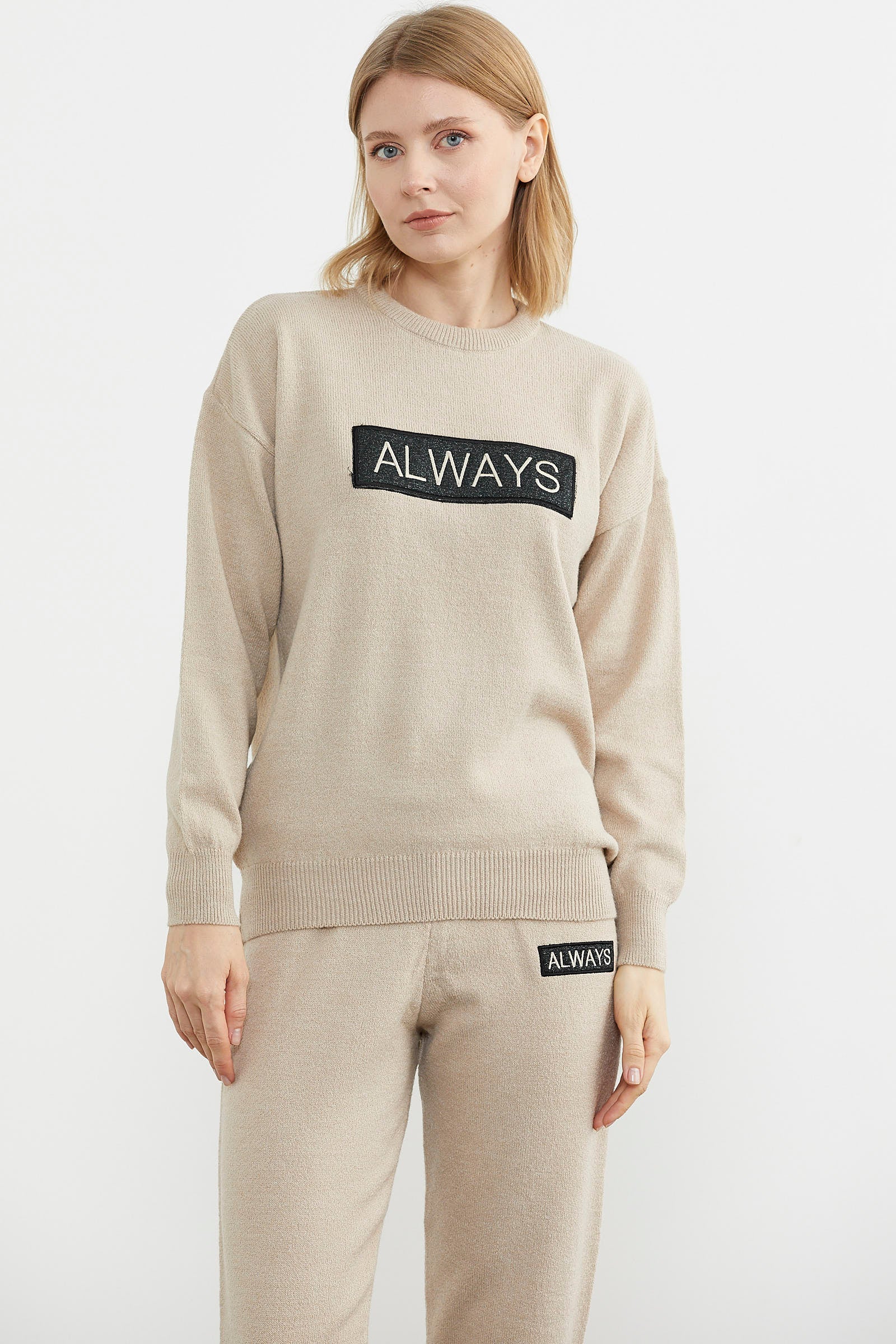 Jogger Pantolonlu Baskılı Triko Takım - Bej (3) Sementa