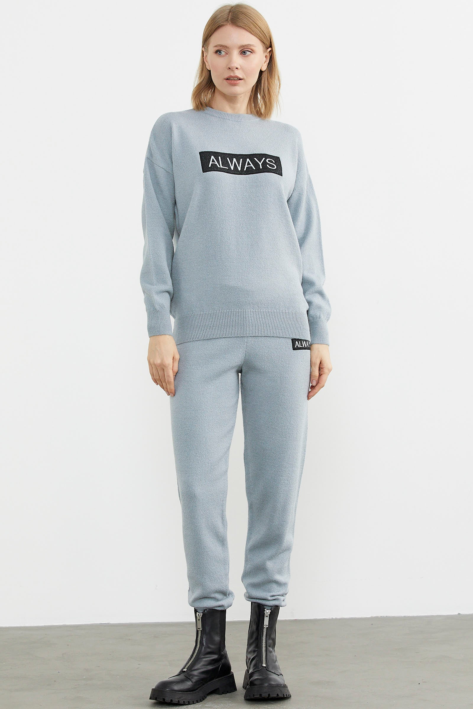 Jogger Pantolonlu Baskılı Triko Takım - Mavi (1) Sementa