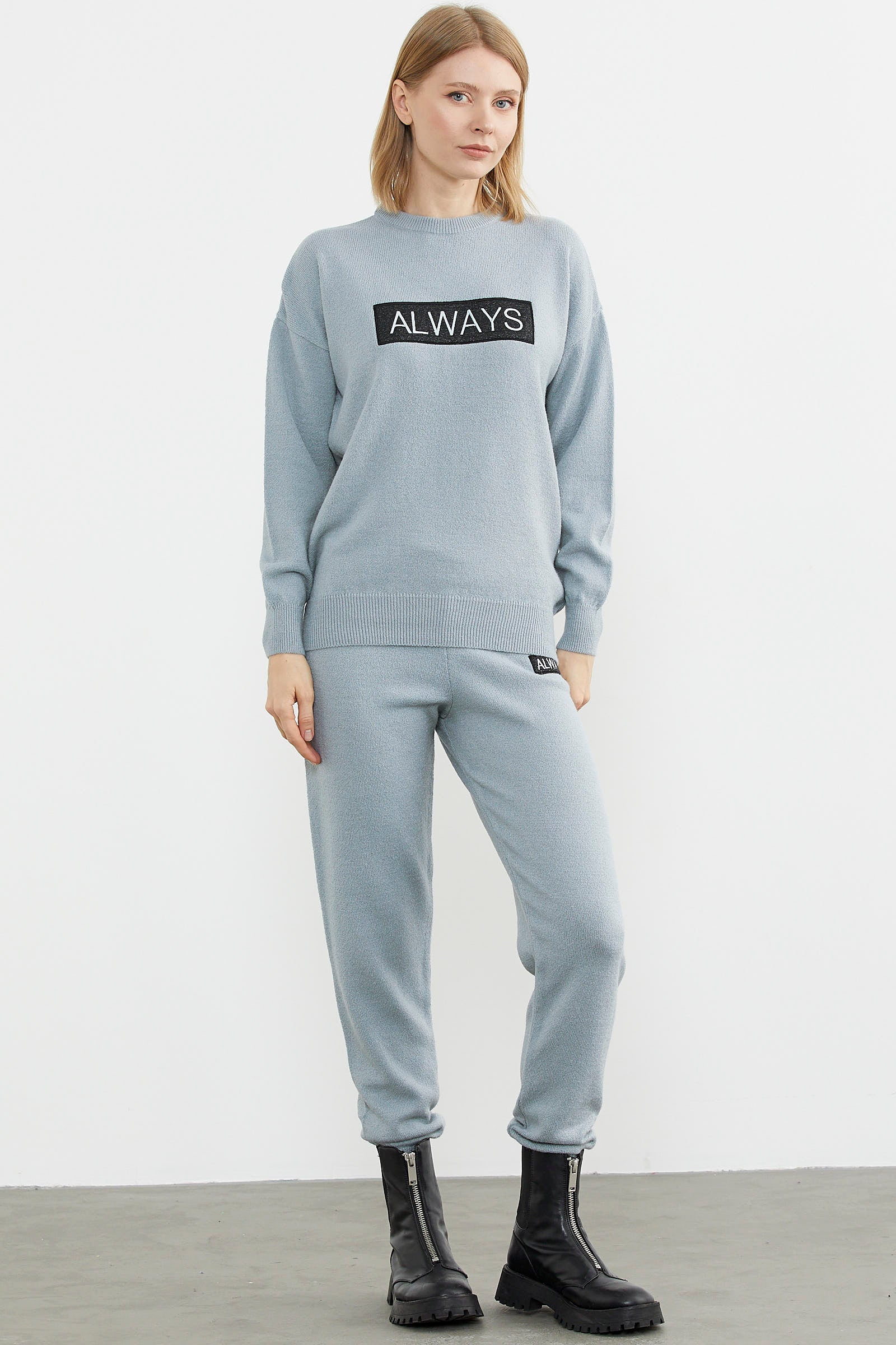 Jogger Pantolonlu Baskılı Triko Takım - Mavi (2) Sementa