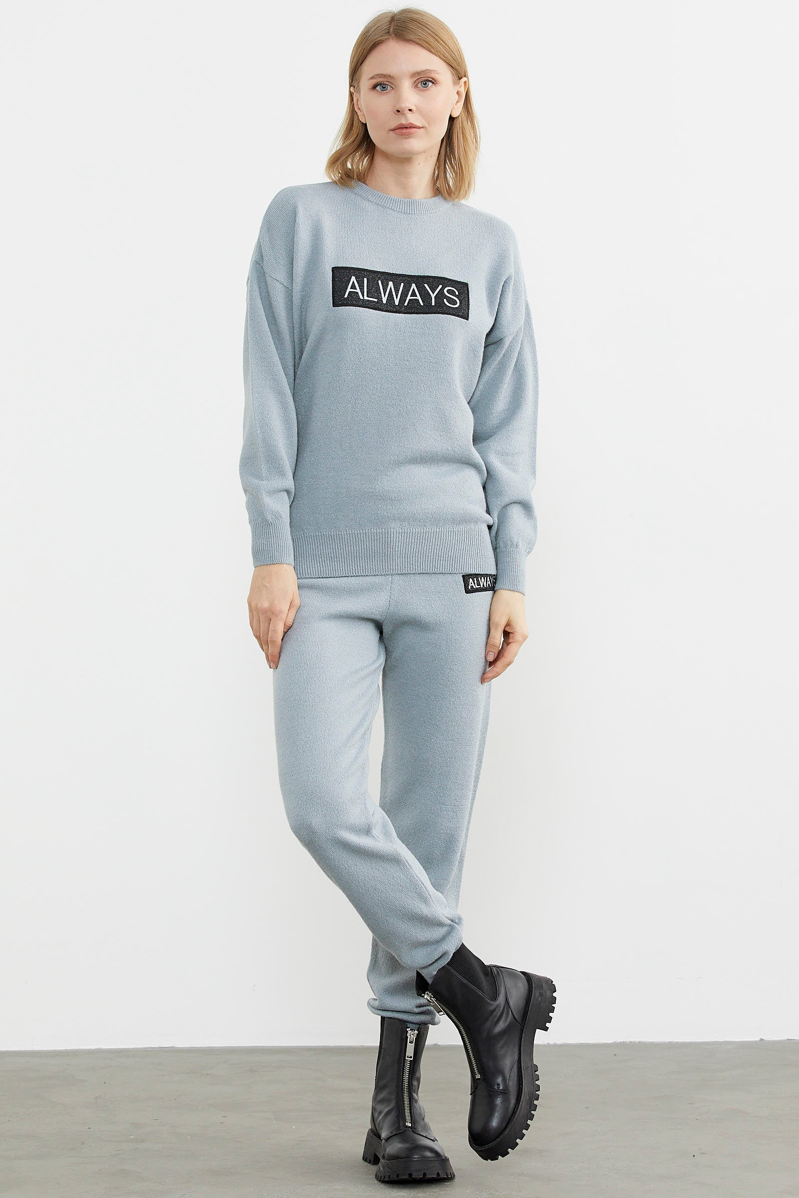 Jogger Pantolonlu Baskılı Triko Takım - Mavi (4) Sementa