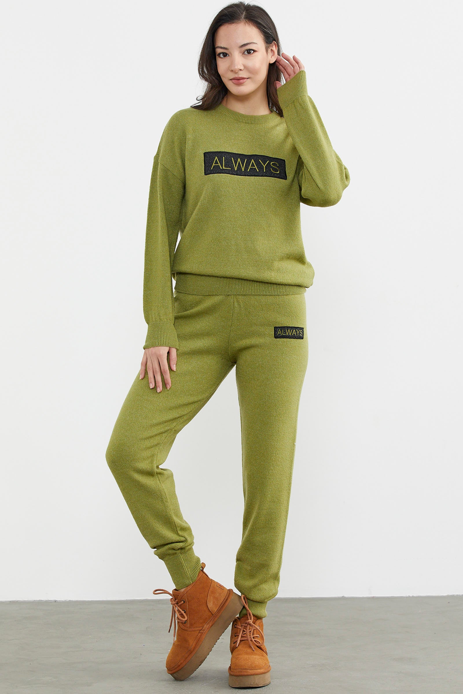 Jogger Pantolonlu Baskılı Triko Takım - Yeşil (3) Sementa