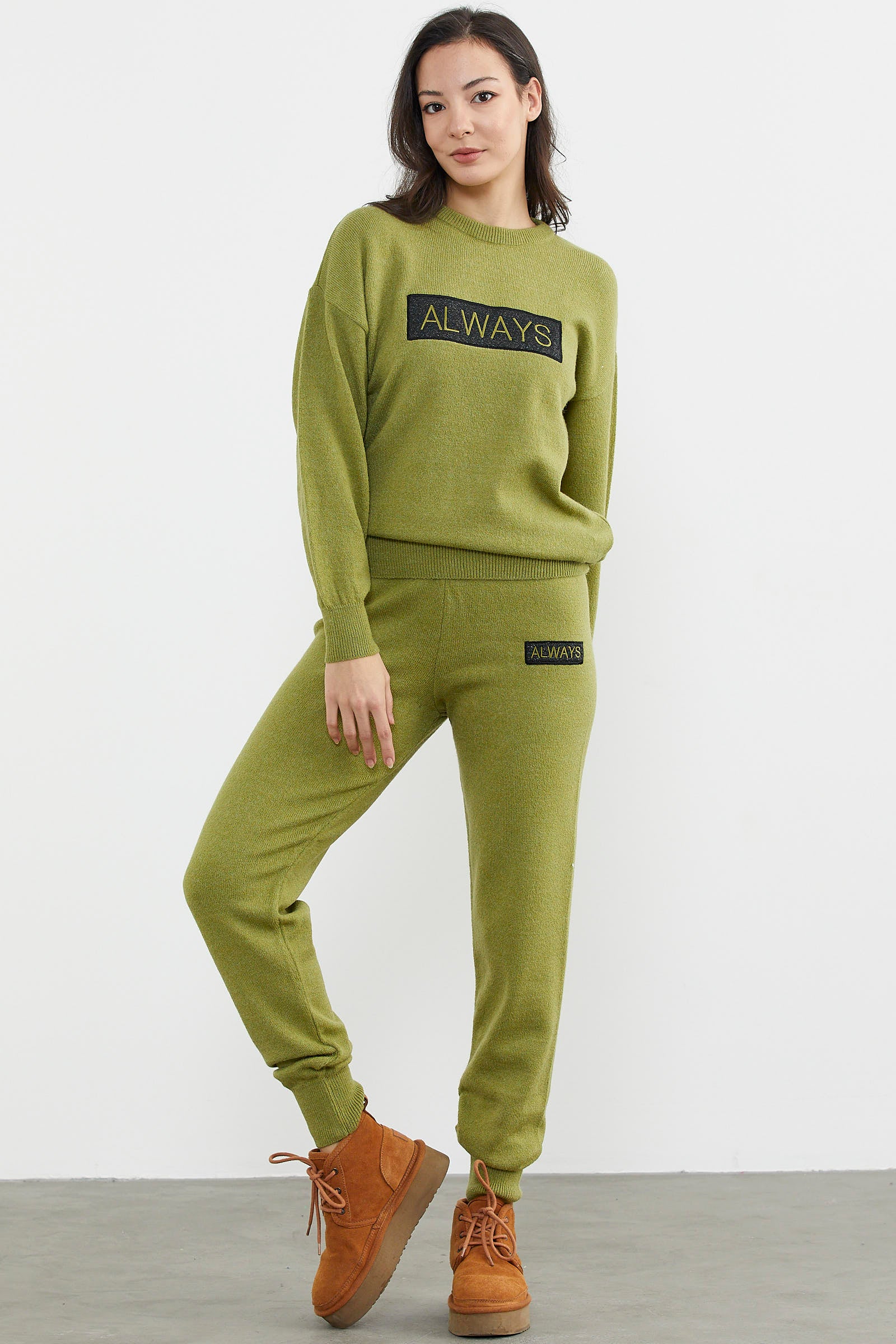 Jogger Pantolonlu Baskılı Triko Takım - Yeşil (5) Sementa