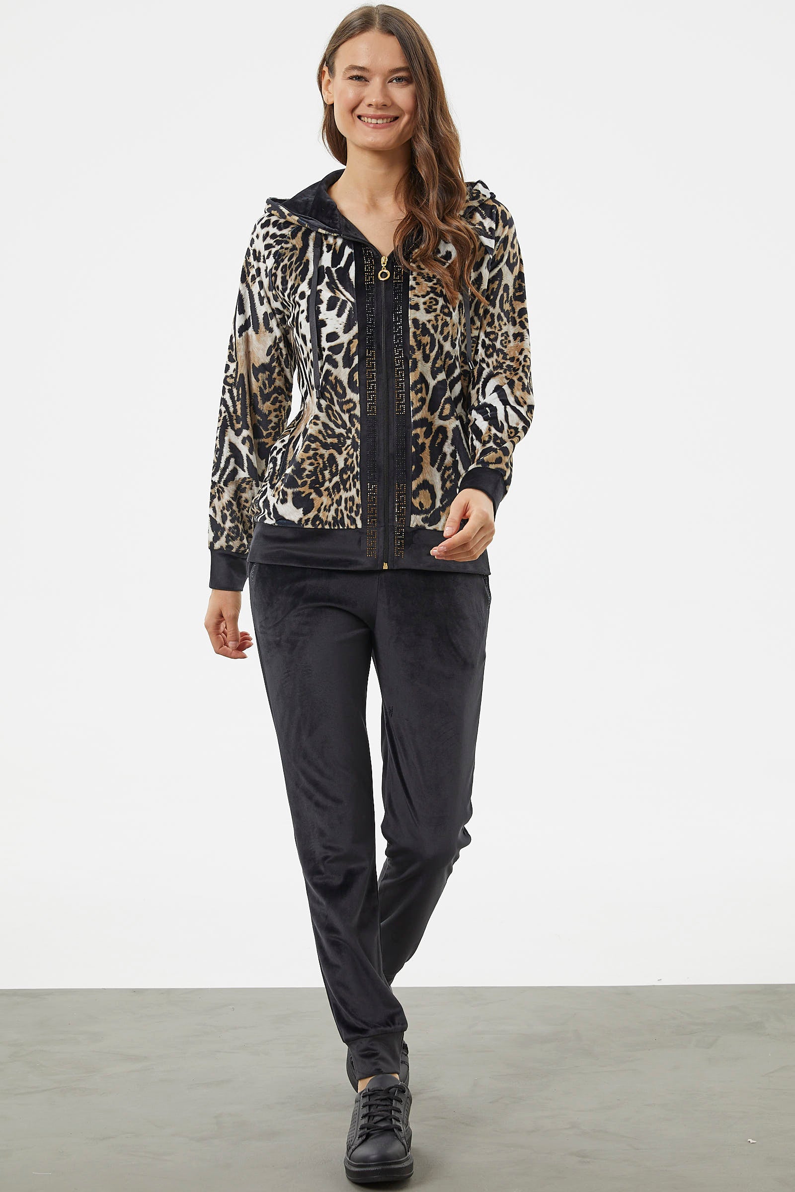 Kadife Leopar Desenli Eşofman Takım - Kahve (1) Sementa