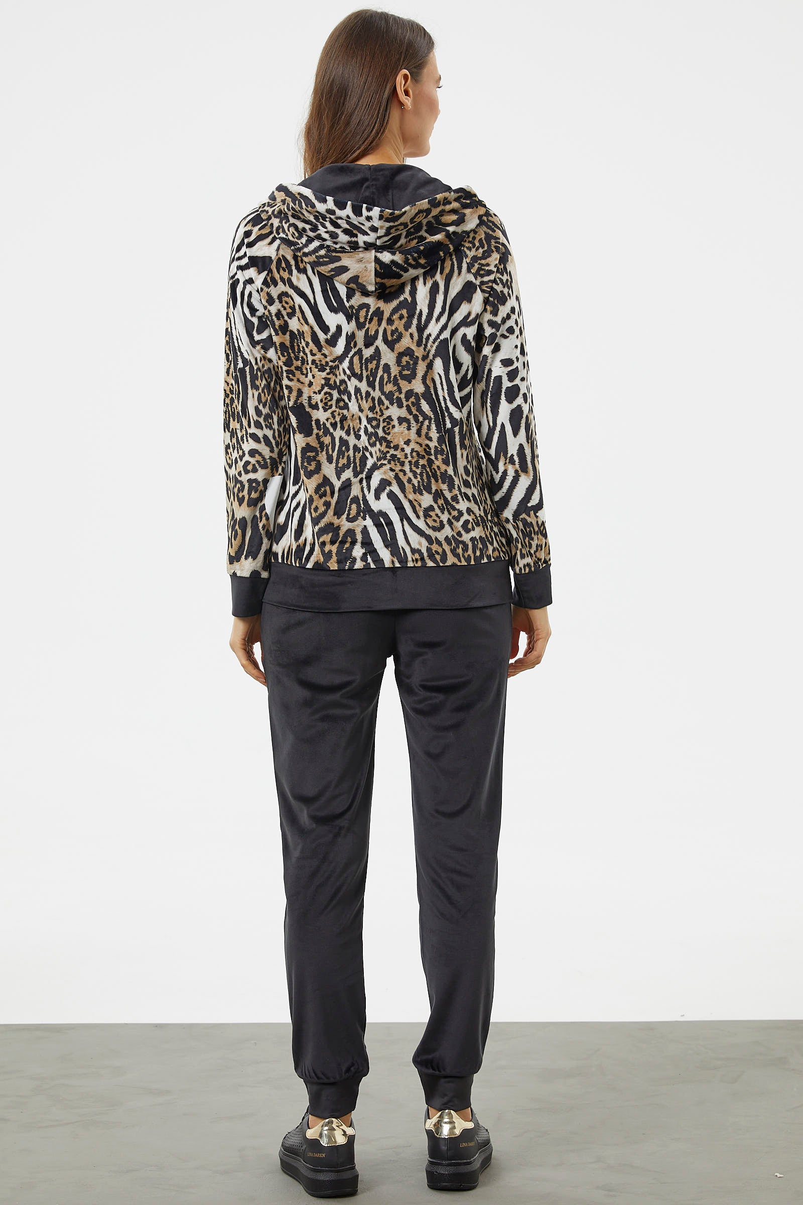 Kadife Leopar Desenli Eşofman Takım - Kahve (6) Sementa