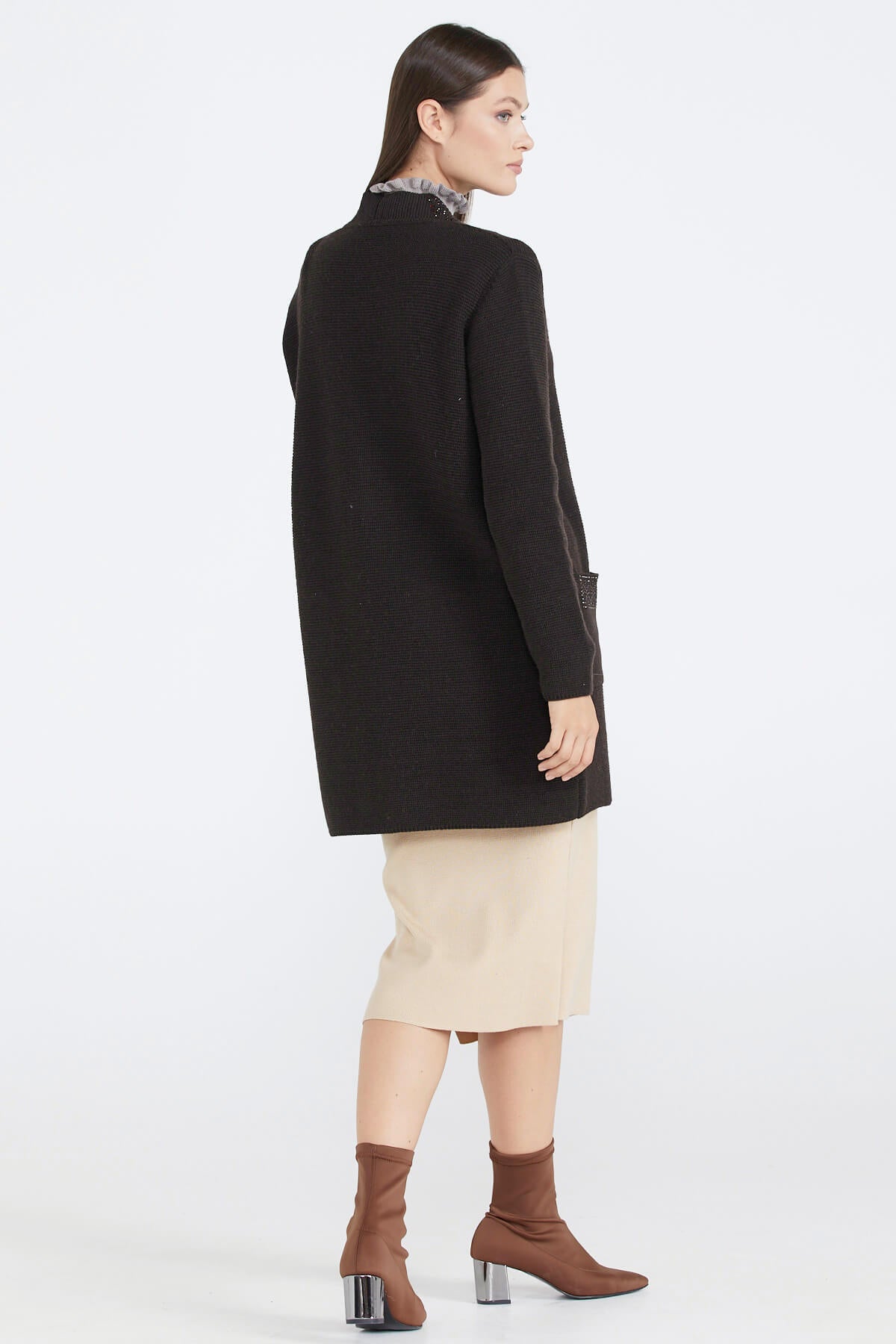 Kadın Cepli Triko Ceket - Kahve (3) Sementa