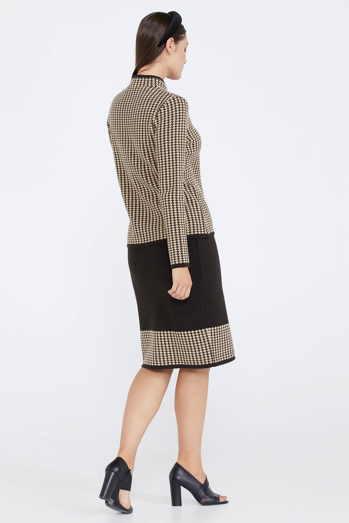 Kadın Dik Yaka Etekli Triko Takım - Kahve - Bej (4) Sementa