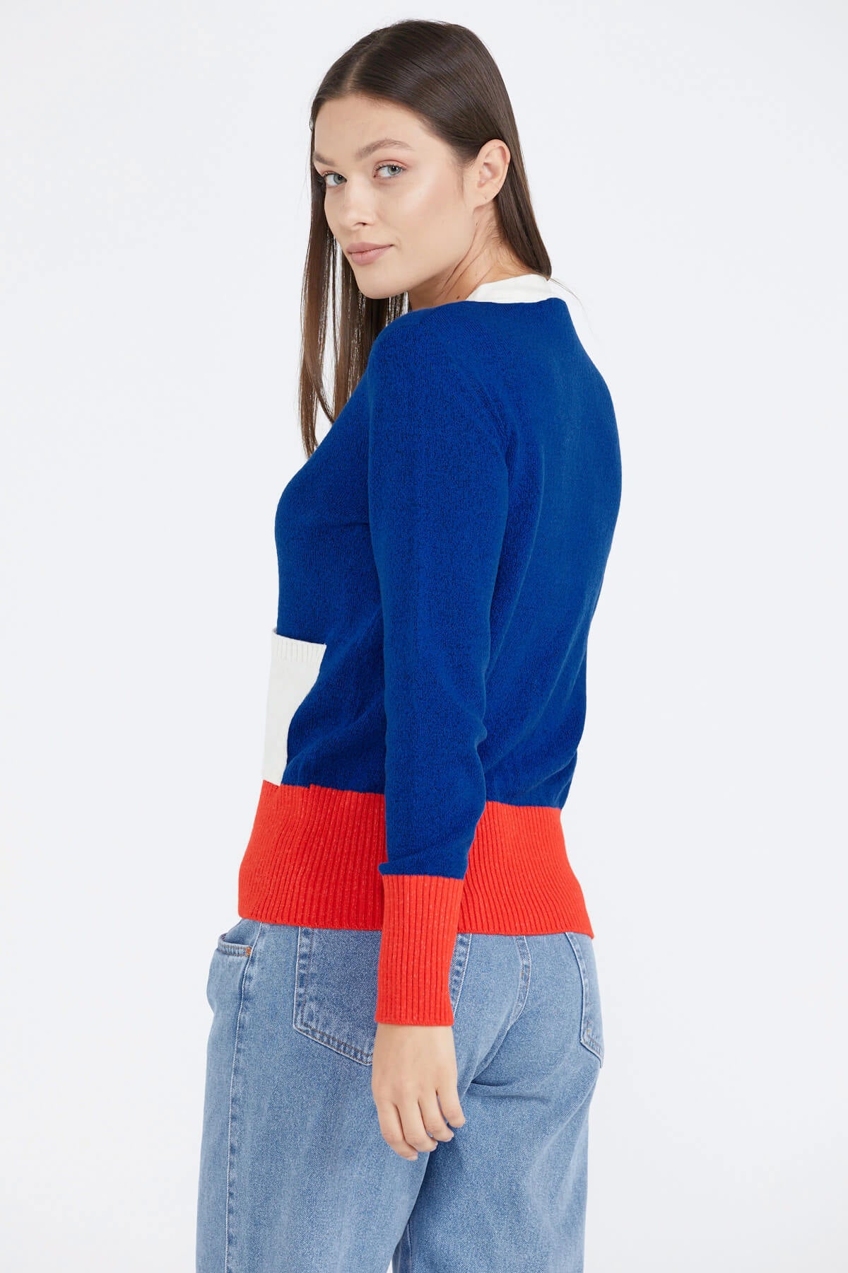 Kadın Renkli Cepli Triko Hırka - Saks (4) Sementa