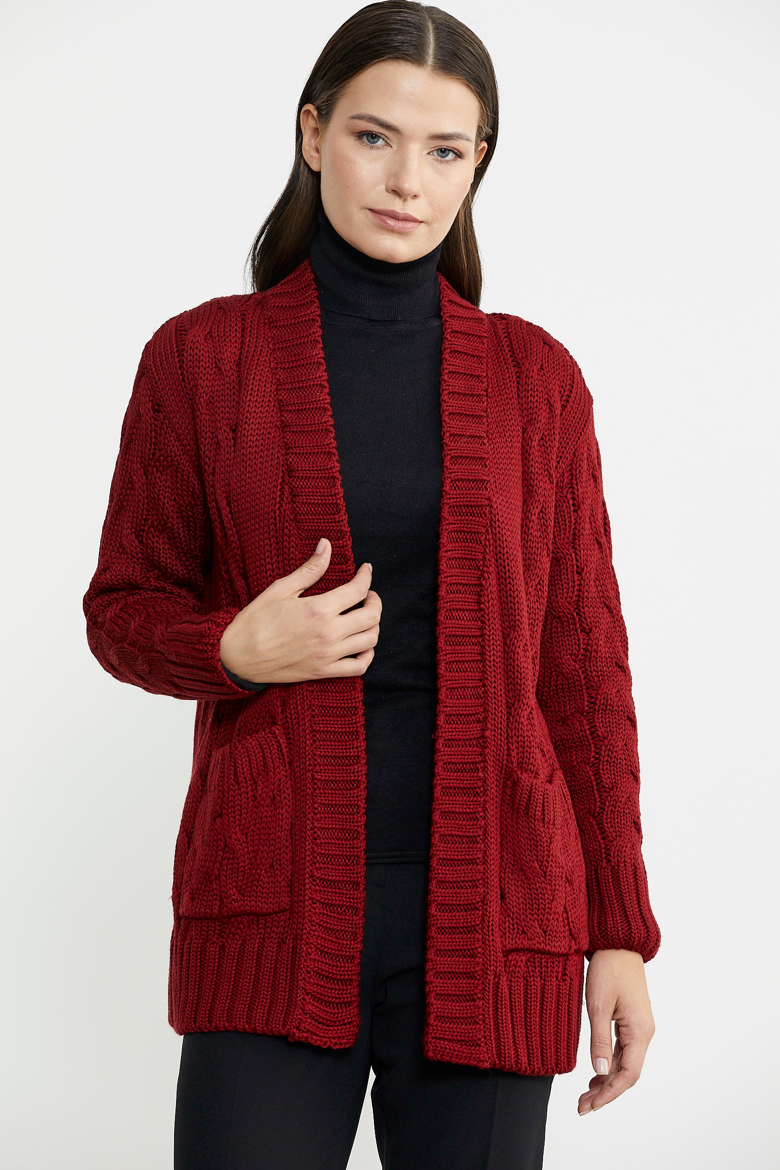 Kadın Saç Örgü Yünlü Triko Ceket - Bordo - Sementa