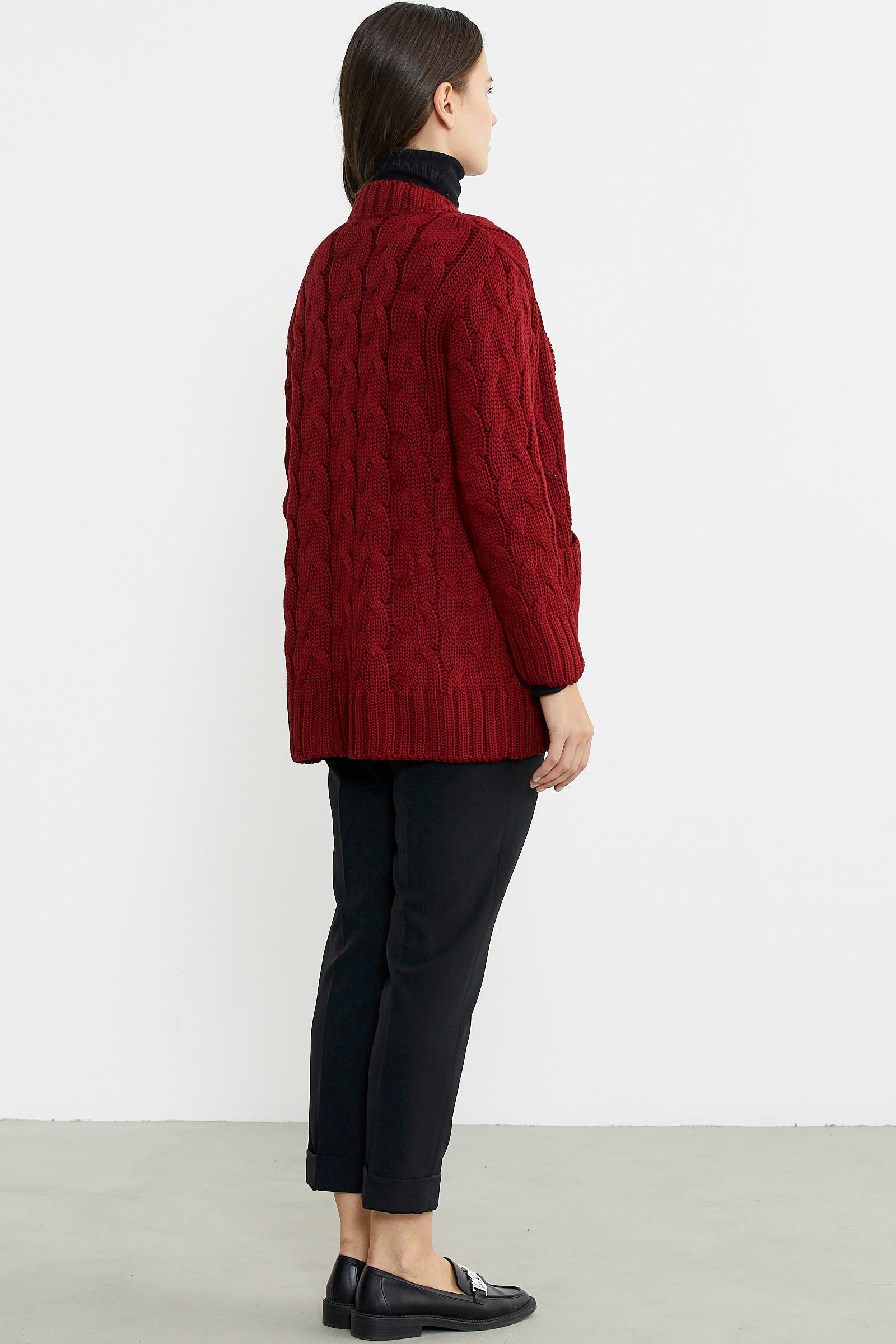 Kadın Saç Örgü Yünlü Triko Ceket - Bordo - Sementa