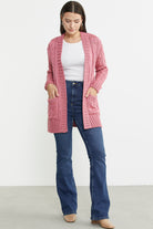 Kadın Saç Örgü Yünlü Triko Ceket - Gül - Sementa