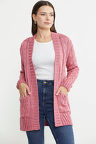 Kadın Saç Örgü Yünlü Triko Ceket - Gül - Sementa